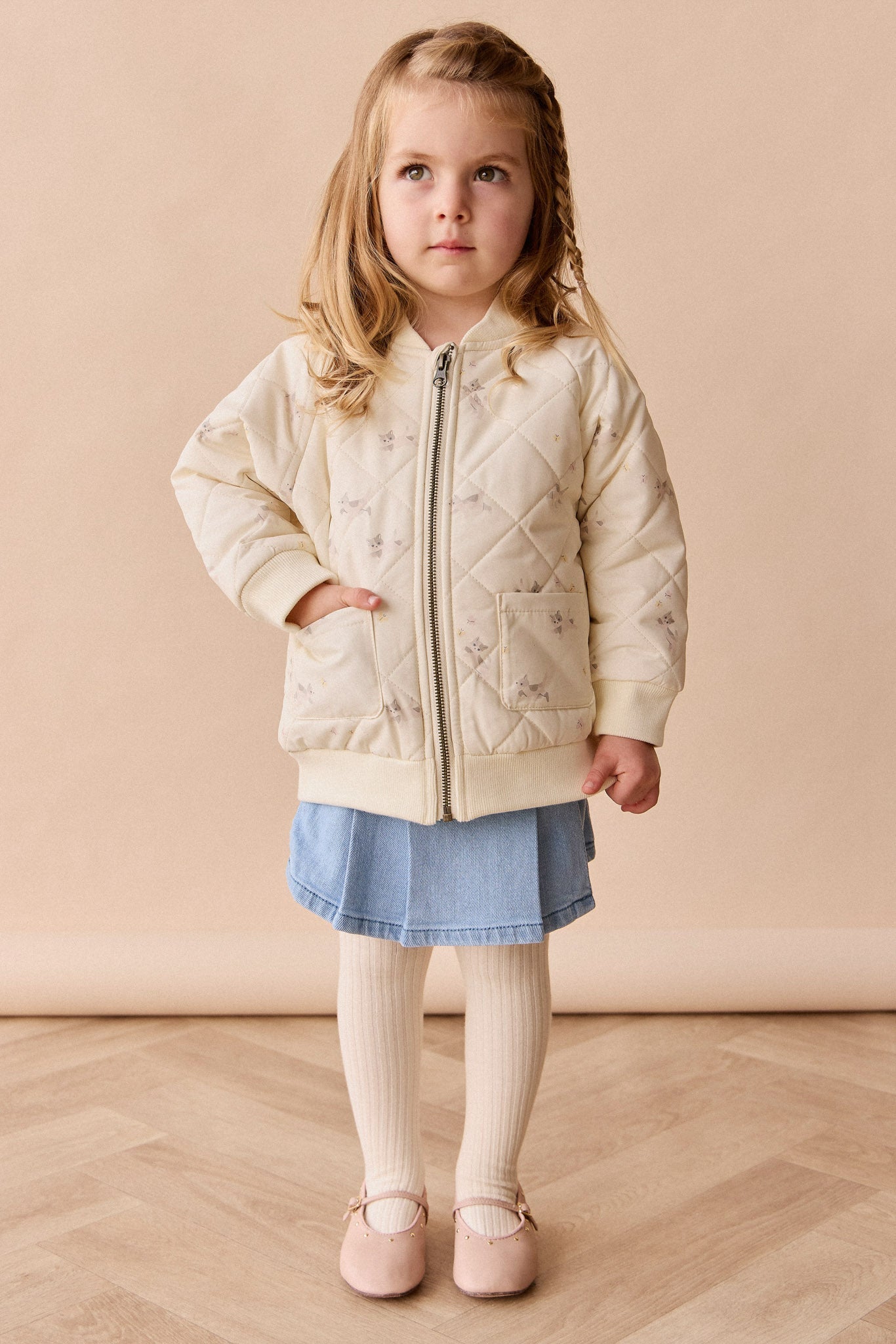 Blouson bomber zippé pour fille Tissu recyclé Imprimé chaton blanc murmure