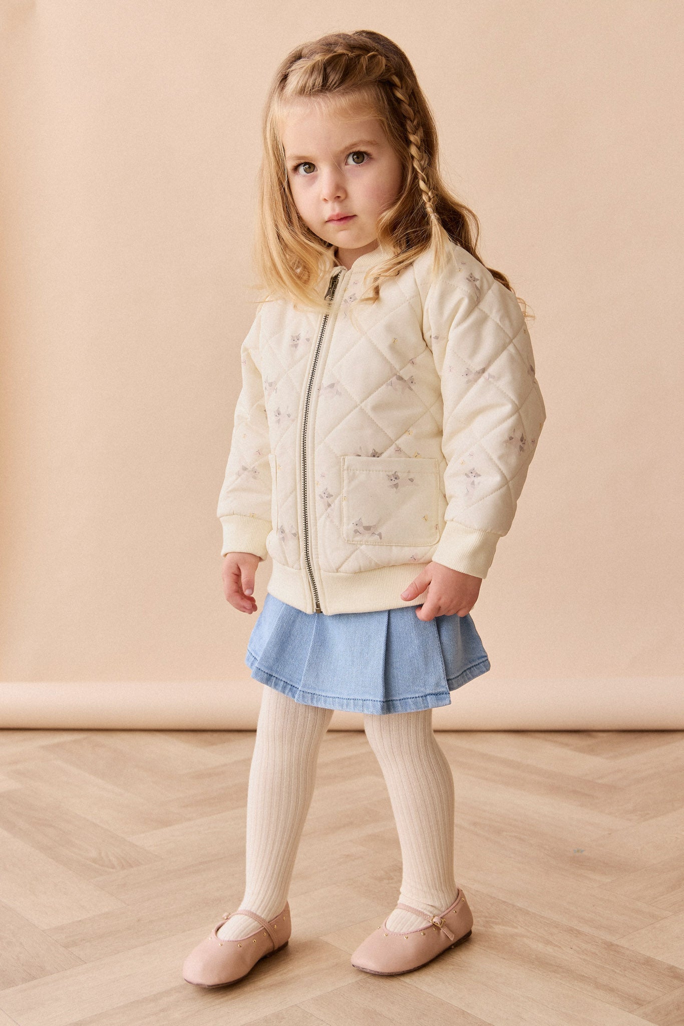 Blouson bomber zippé pour fille Tissu recyclé Imprimé chaton blanc murmure
