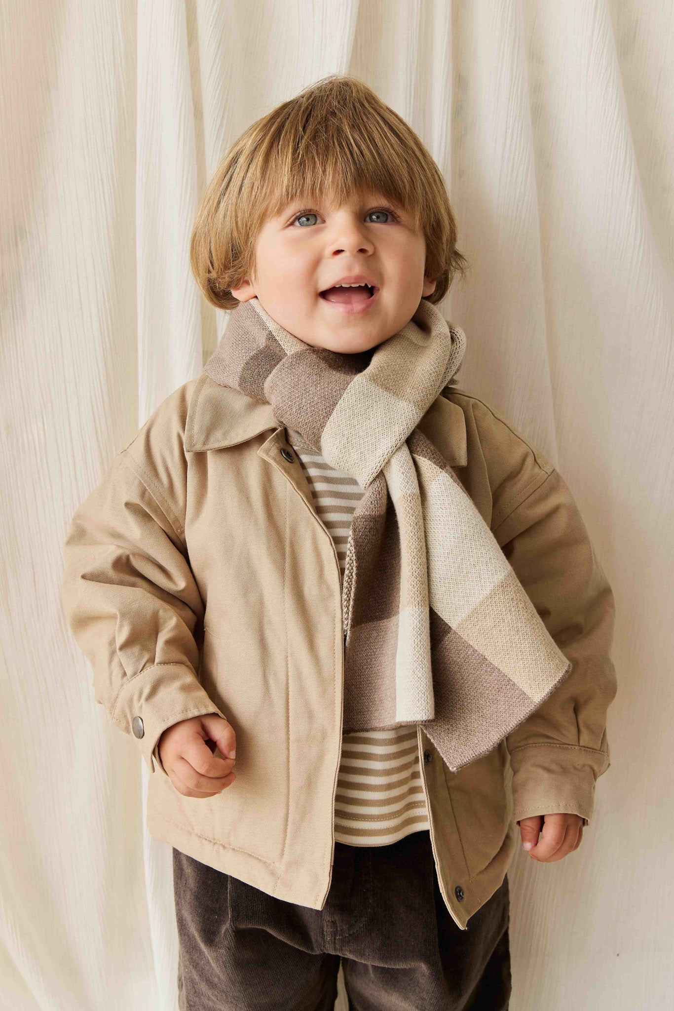 Écharpe en coton tricoté à carreaux beiges et bruns pour enfants, accessoire douillet, neutre et chaud