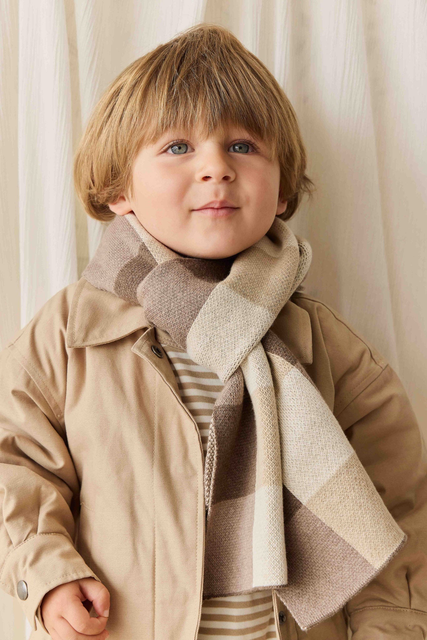 Écharpe en coton tricoté à carreaux beiges et bruns pour enfants, accessoire douillet, neutre et chaud