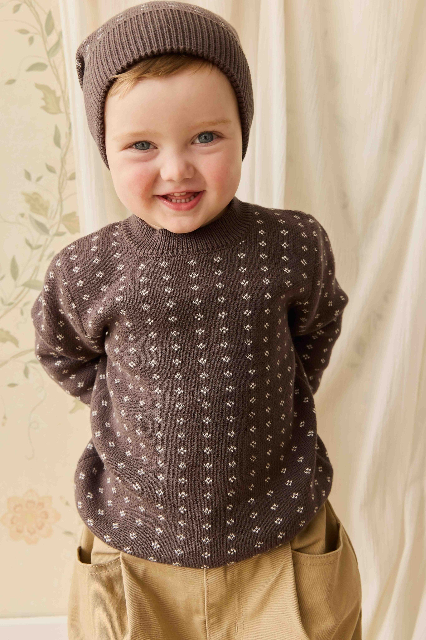 Pull en tricot de coton à col rond Diamond pour garçons, marron foncé