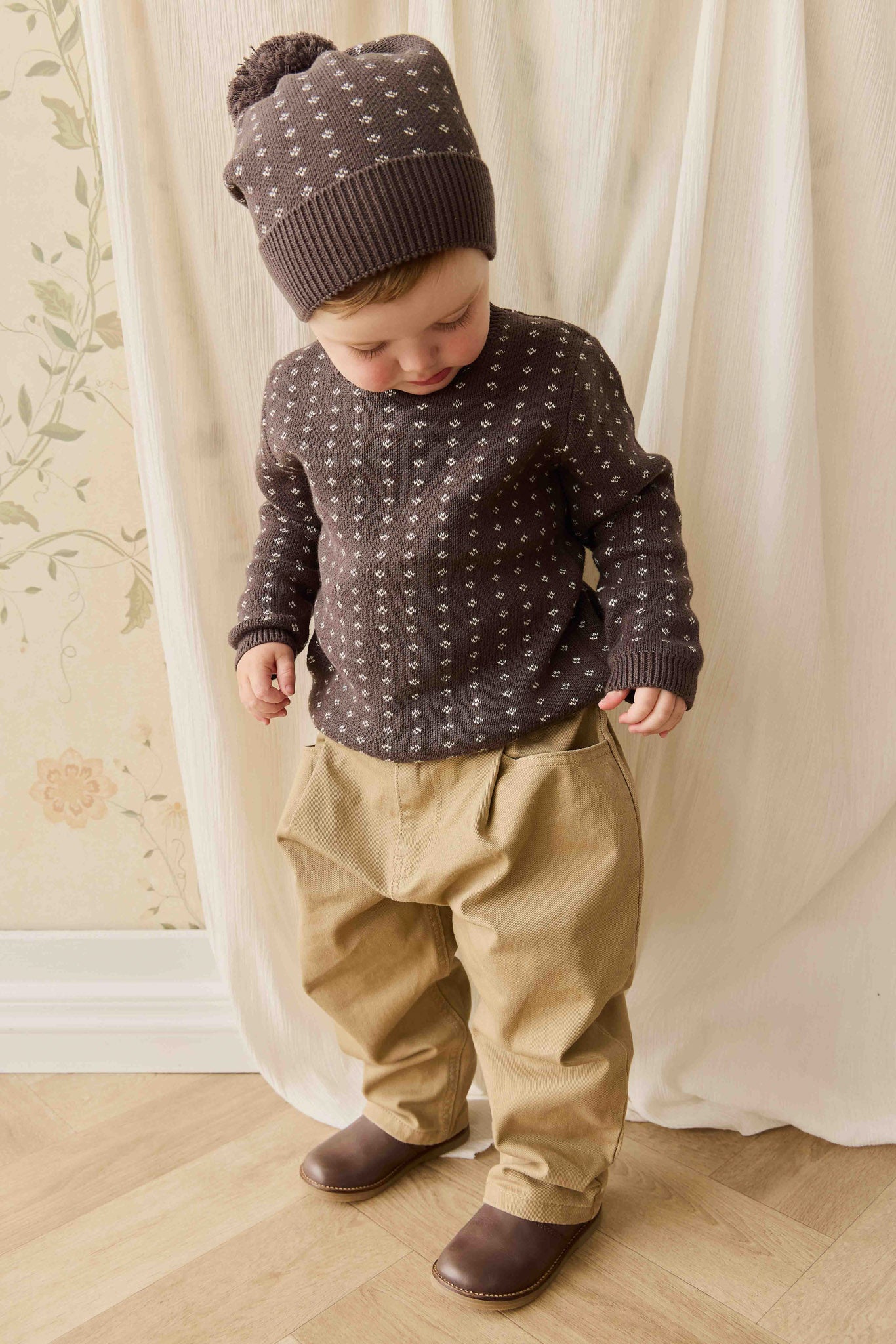 Pull en tricot de coton à col rond Diamond pour garçons, marron foncé