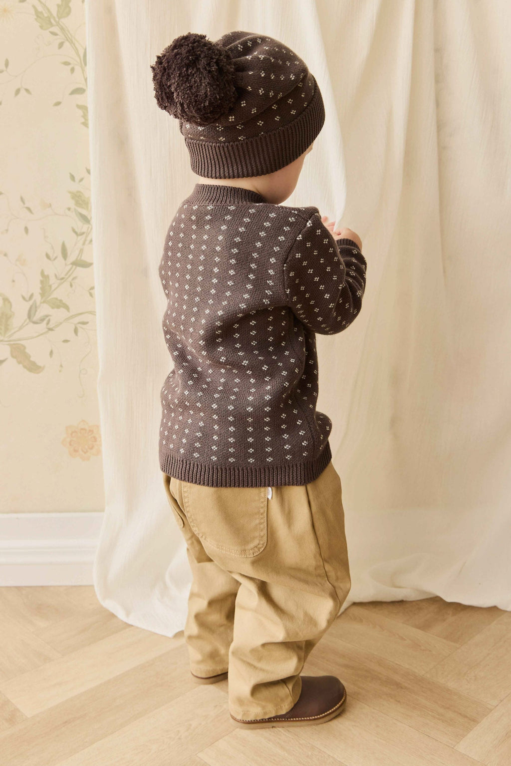 Pull en tricot de coton à col rond Diamond pour garçons, marron foncé