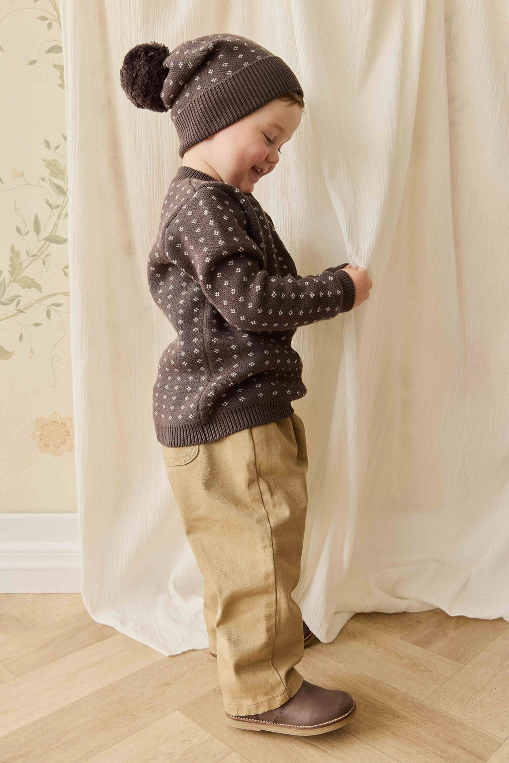 Pull en tricot de coton à col rond Diamond pour garçons, marron foncé