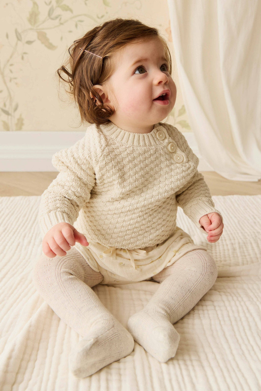 Pull Fille en Coton Texturé Vanille avec Boutons sur les Épaules