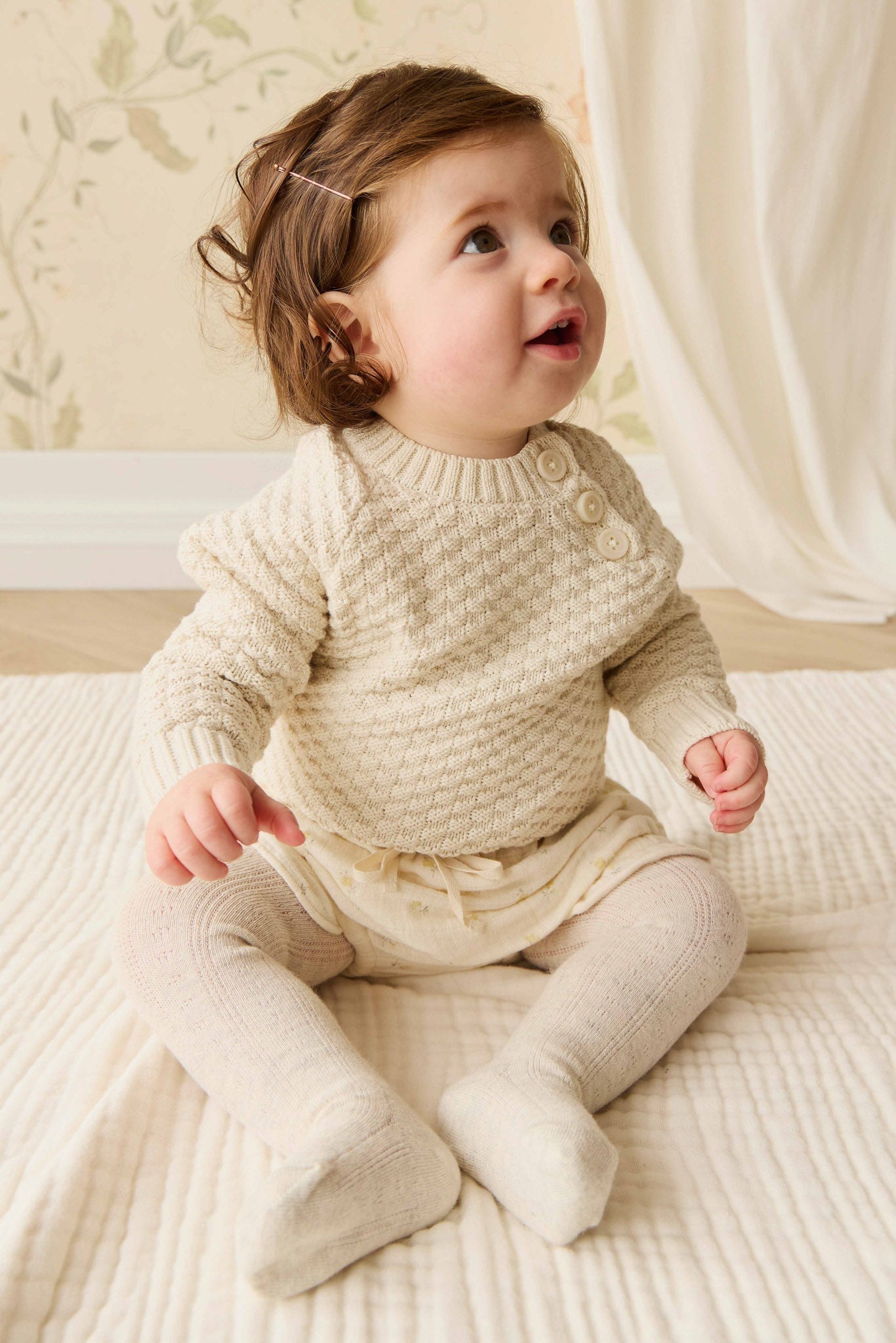 Pull Fille en Coton Texturé Vanille avec Boutons sur les Épaules