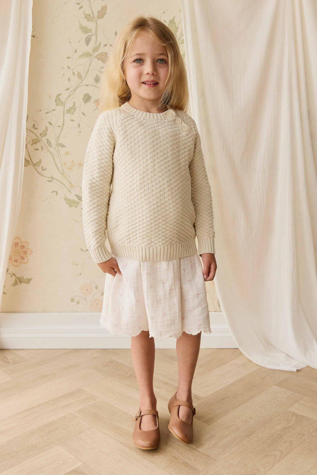 Pull Fille en Coton Texturé Vanille avec Boutons sur les Épaules