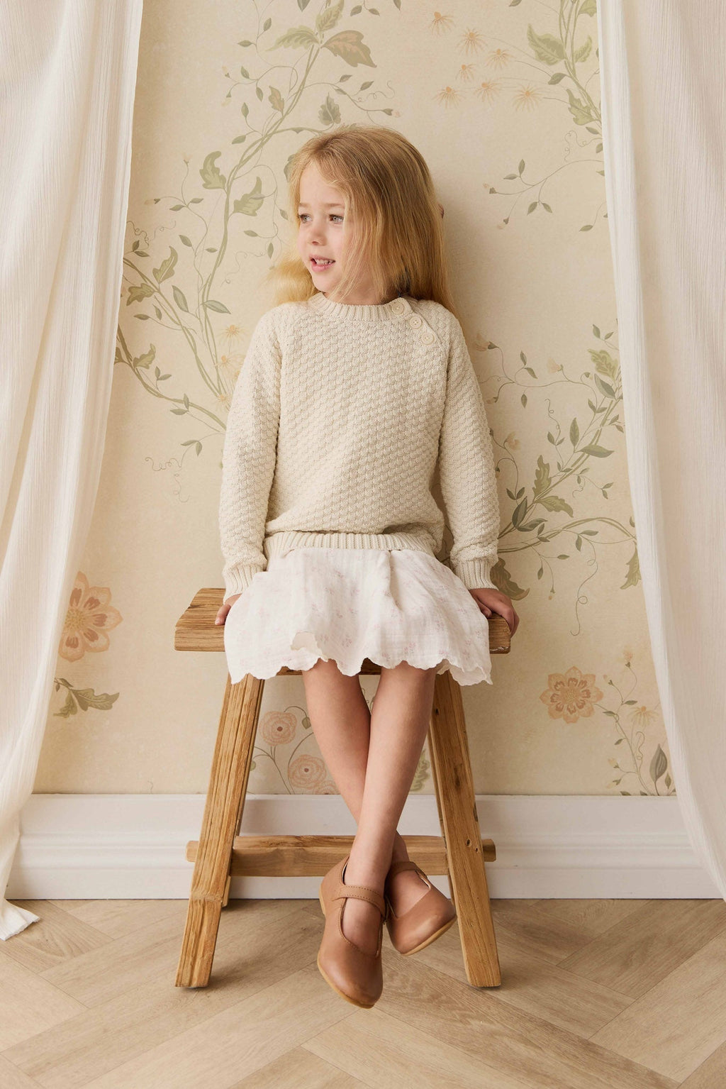 Pull Fille en Coton Texturé Vanille avec Boutons sur les Épaules