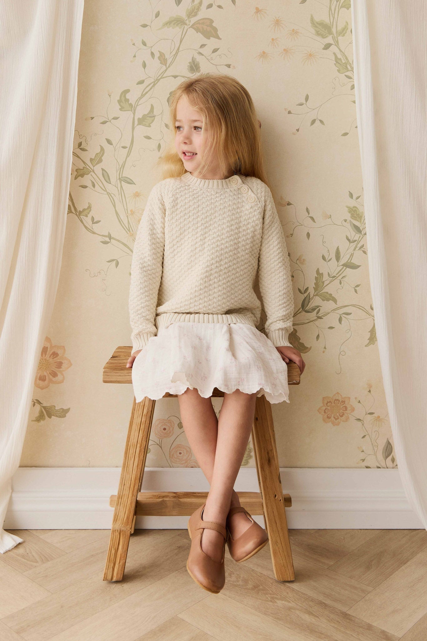 Pull Fille en Coton Texturé Vanille avec Boutons sur les Épaules
