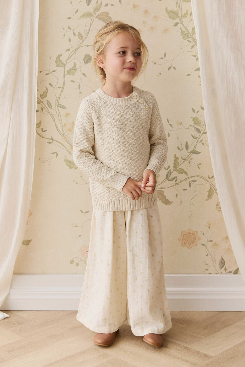 Pull Fille en Coton Texturé Vanille avec Boutons sur les Épaules