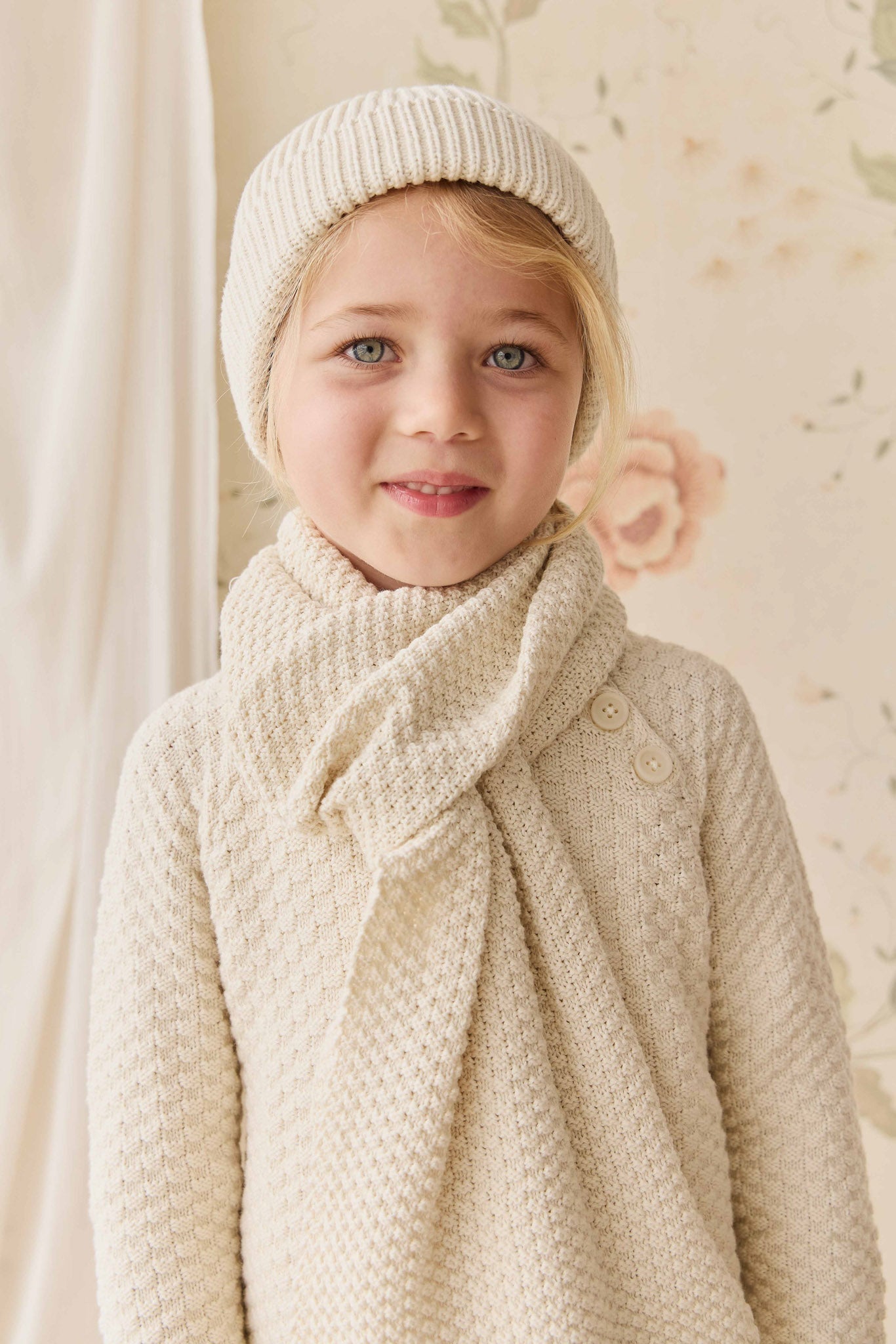 Pull Fille en Coton Texturé Vanille avec Boutons sur les Épaules