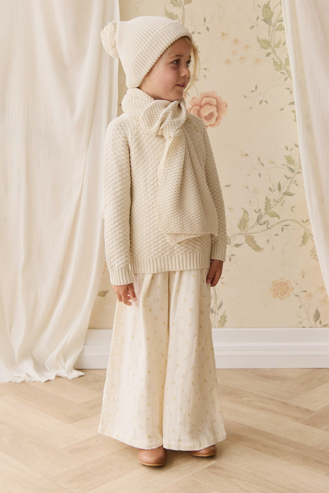 Écharpe Fille en Coton Tricoté Texturé Crème Vanille Douce et Légère