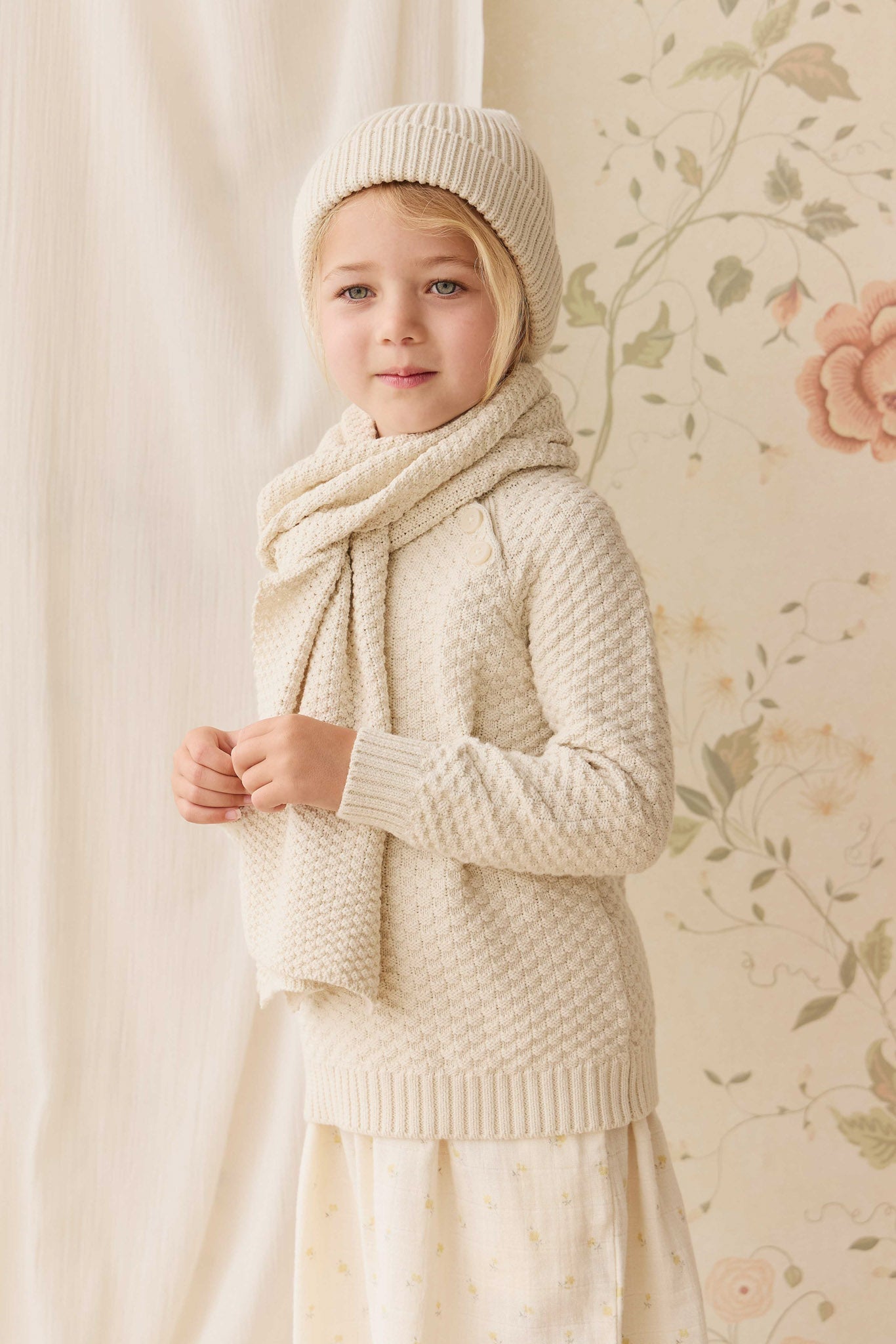 Écharpe Fille en Coton Tricoté Texturé Crème Vanille Douce et Légère
