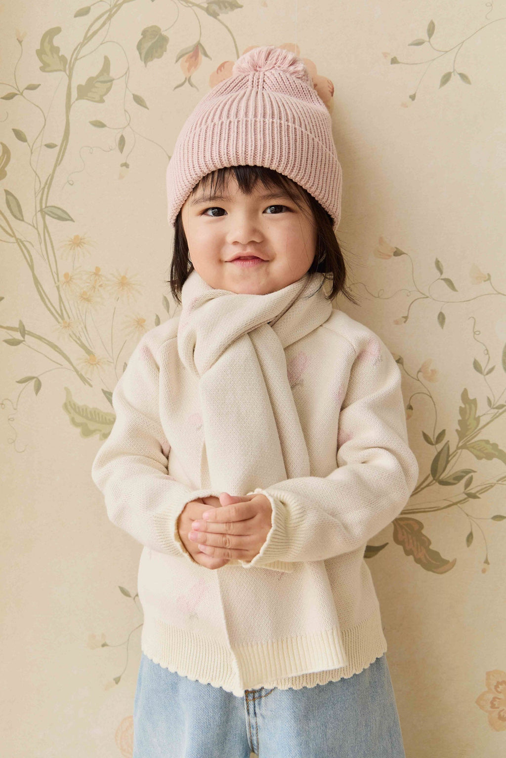 Foulard Papillon Jacquard Crème en Coton Doux pour Filles Hiver