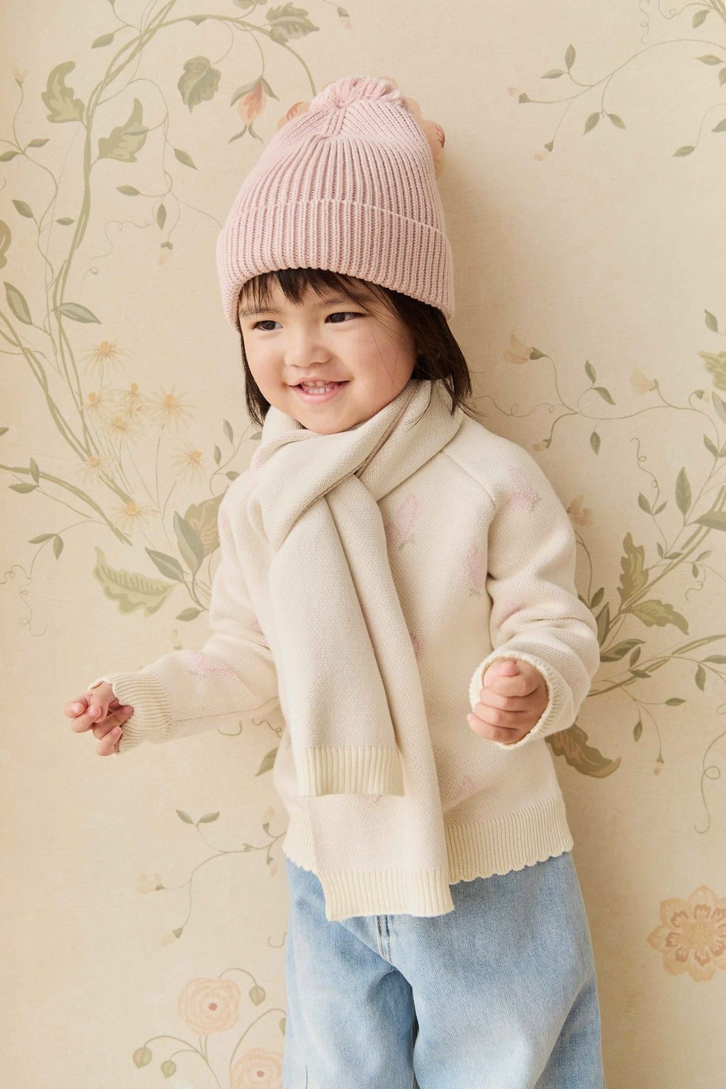 Foulard Papillon Jacquard Crème en Coton Doux pour Filles Hiver