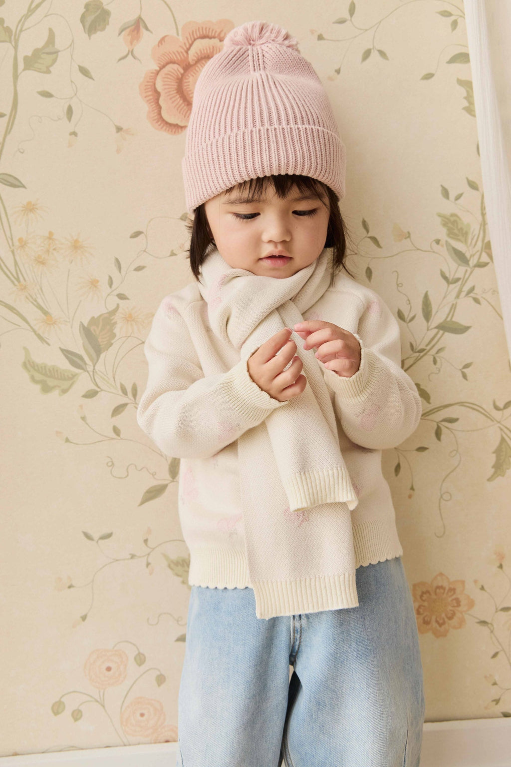 Foulard Papillon Jacquard Crème en Coton Doux pour Filles Hiver