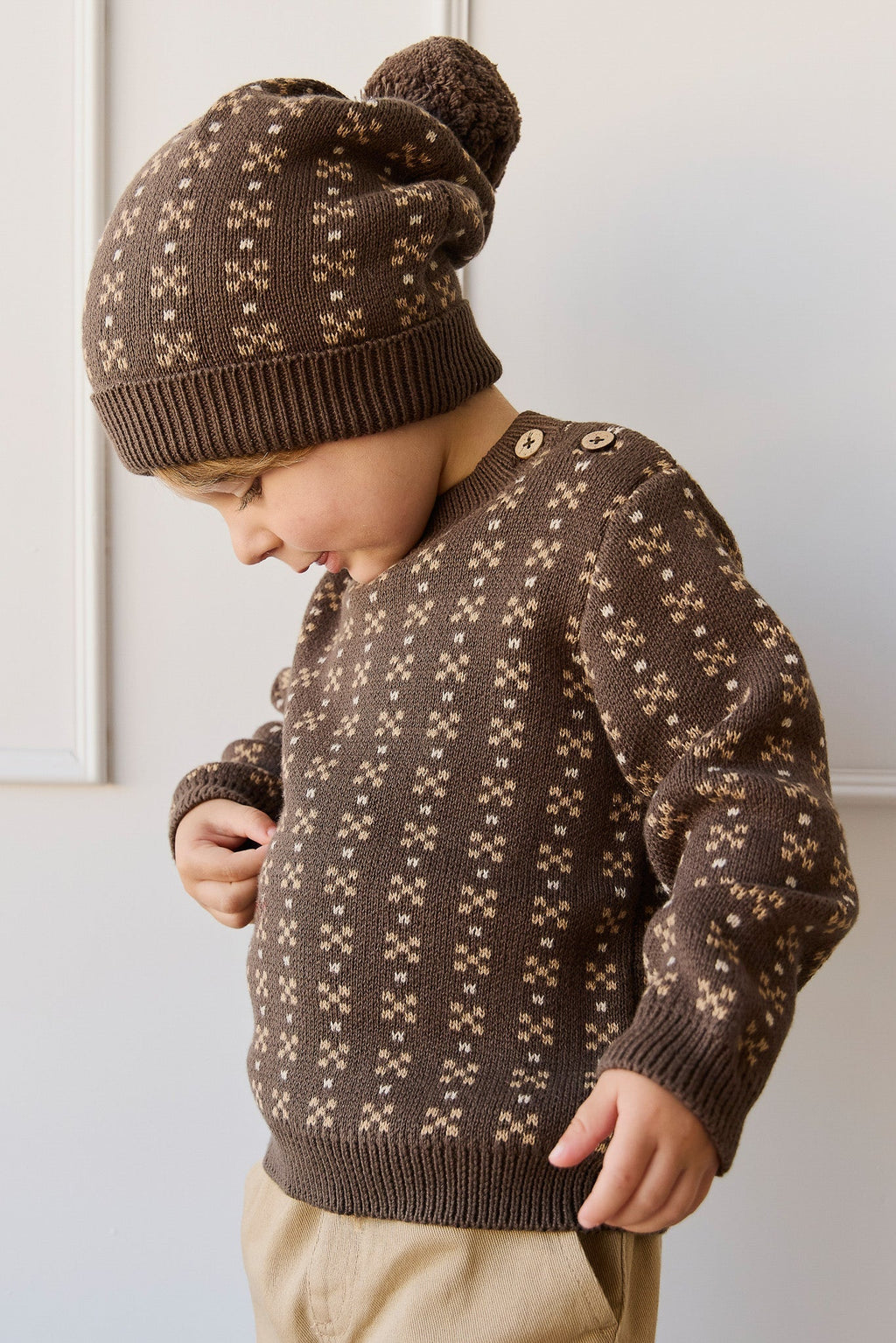 Bonnet en tricot marron Fairisle Desert Palm Pom Pom pour bébé et enfant en bas âge - Hiver
