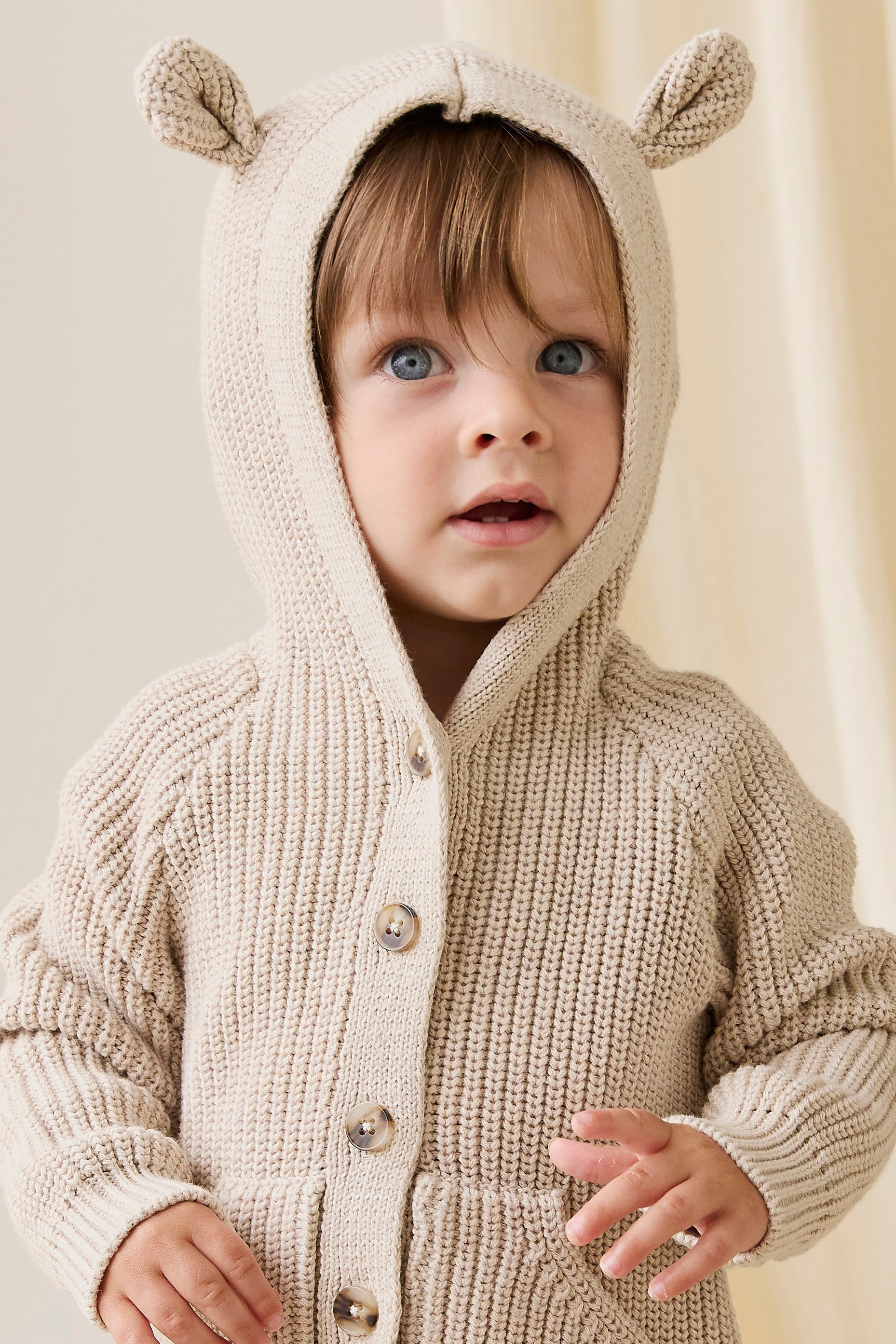 Cardigan tricoté à capuche en forme d'oreilles d'ours, avec boutons, pour bébés et tout-petits, couleur avoine