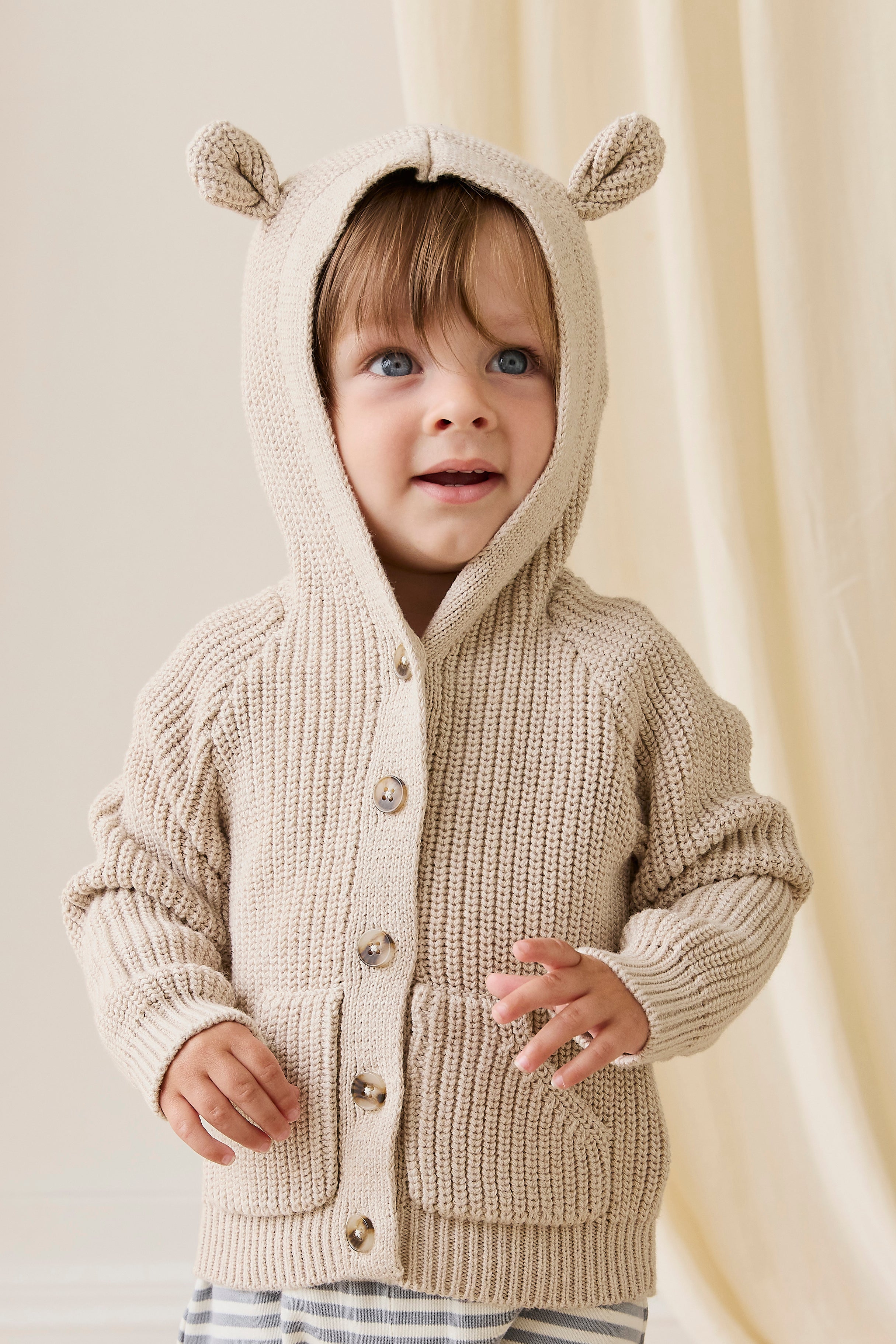 Cardigan tricoté à capuche en forme d'oreilles d'ours, avec boutons, pour bébés et tout-petits, couleur avoine