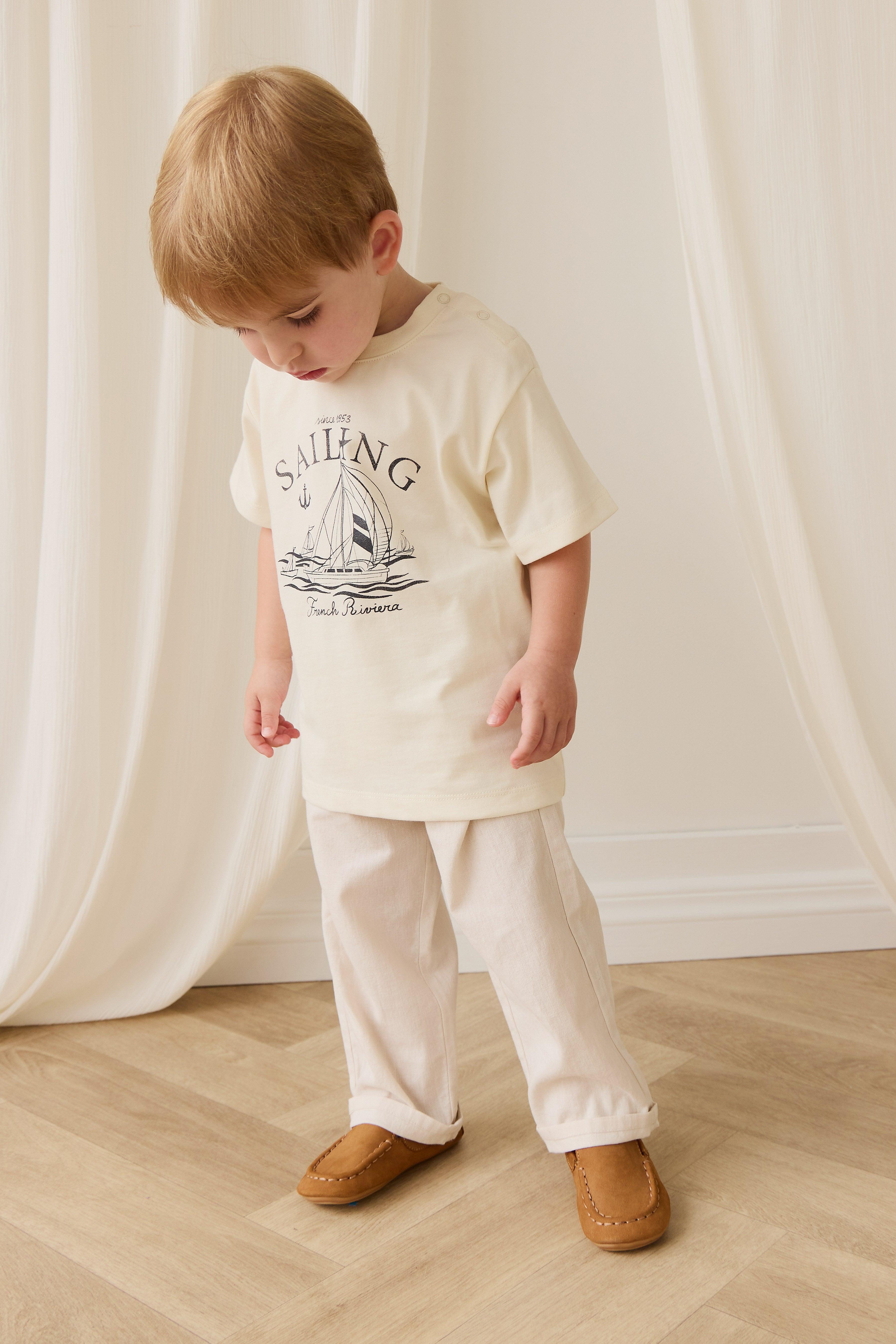 Pantalon en lin et coton naturel coupe droite pour enfant avec taille élastique et cordon de serrage
