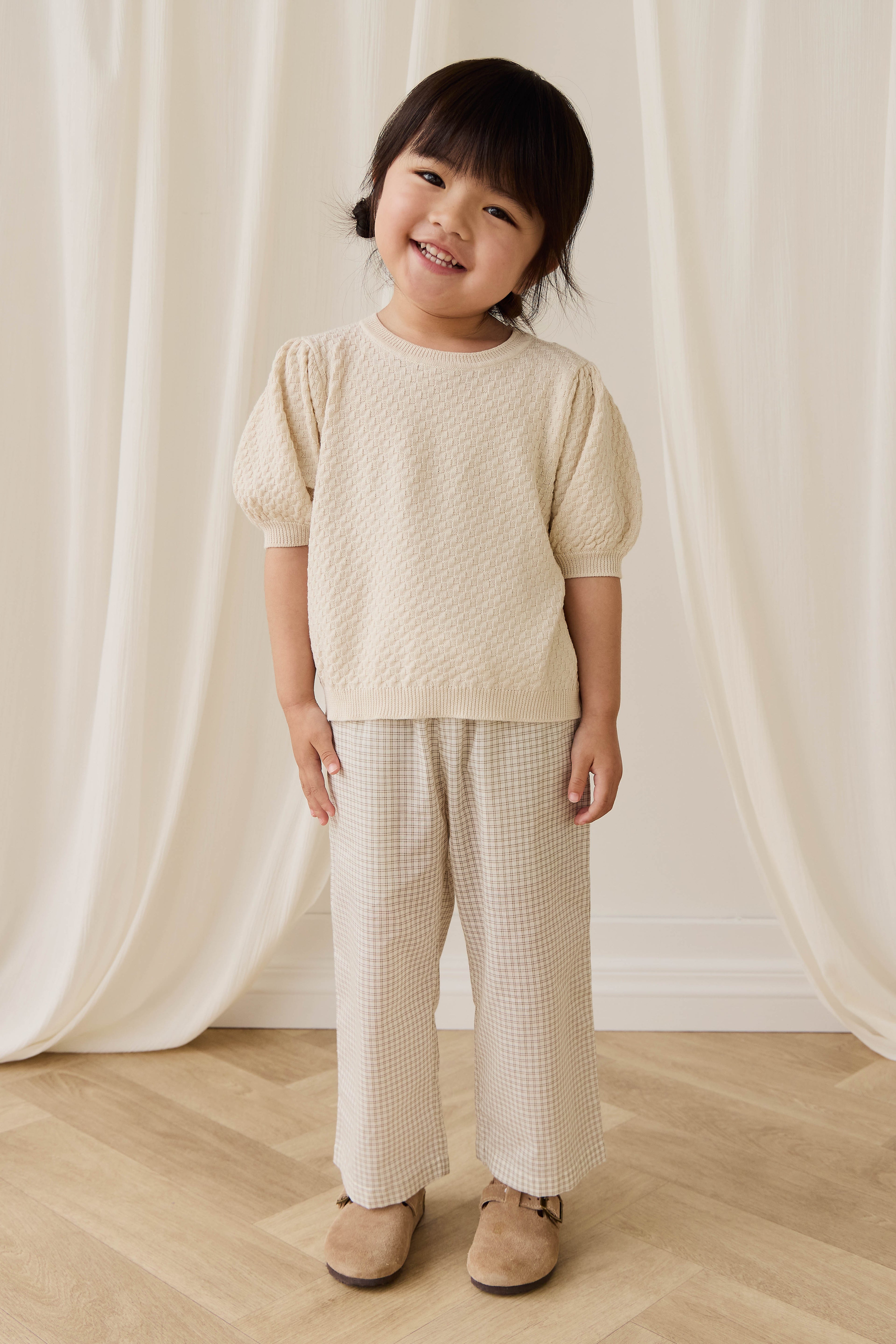 Haut en maille texturée poil de maïs à manches bouffantes pour fille