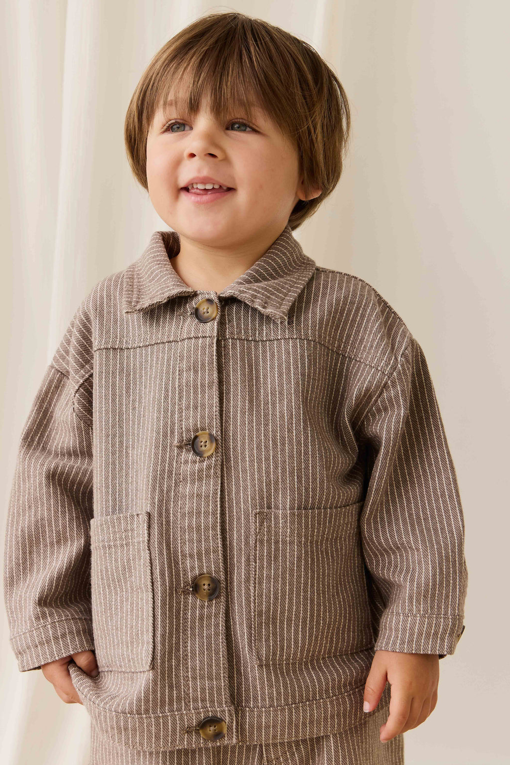 Veste boutonnée en coton à rayures pour garçons, poches plaquées, couleur brun manioc