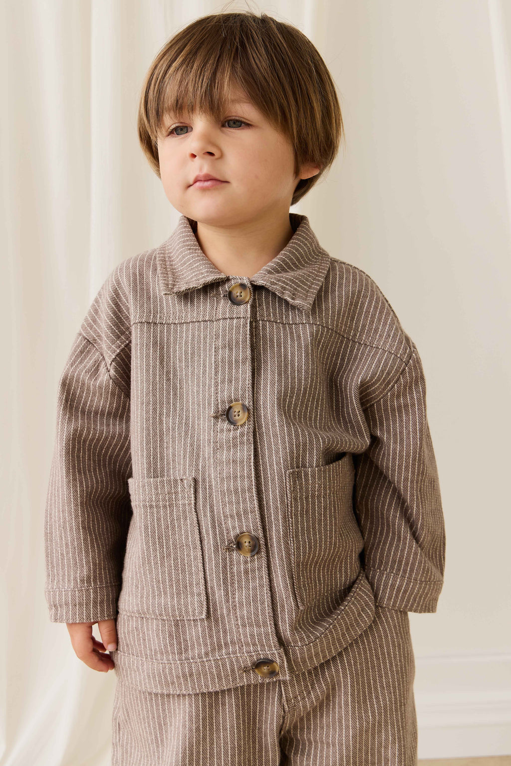 Veste boutonnée en coton à rayures pour garçons, poches plaquées, couleur brun manioc