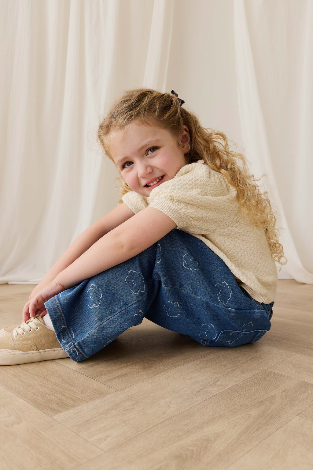 Haut en maille texturée poil de maïs à manches bouffantes pour fille