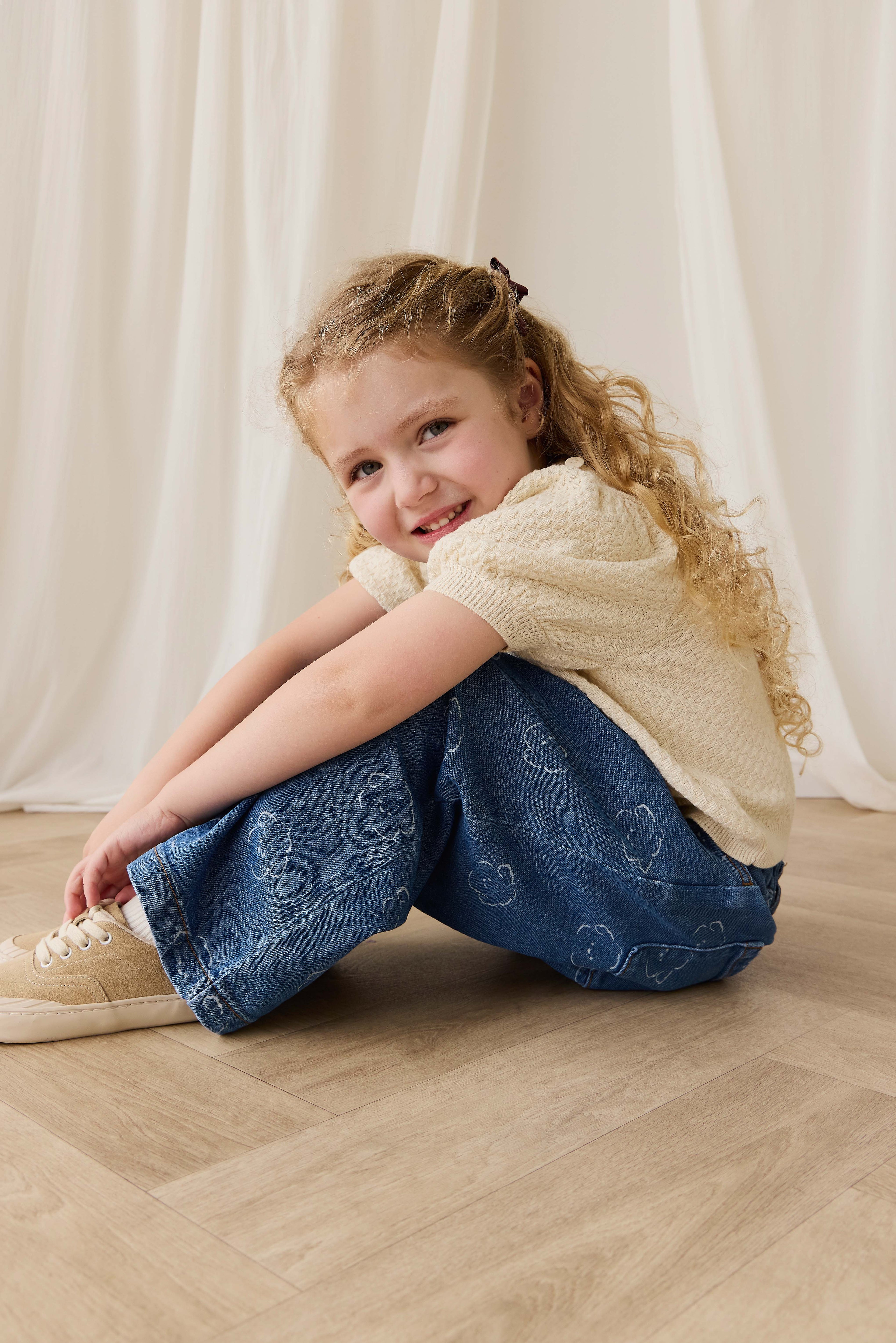 Haut en maille texturée poil de maïs à manches bouffantes pour fille