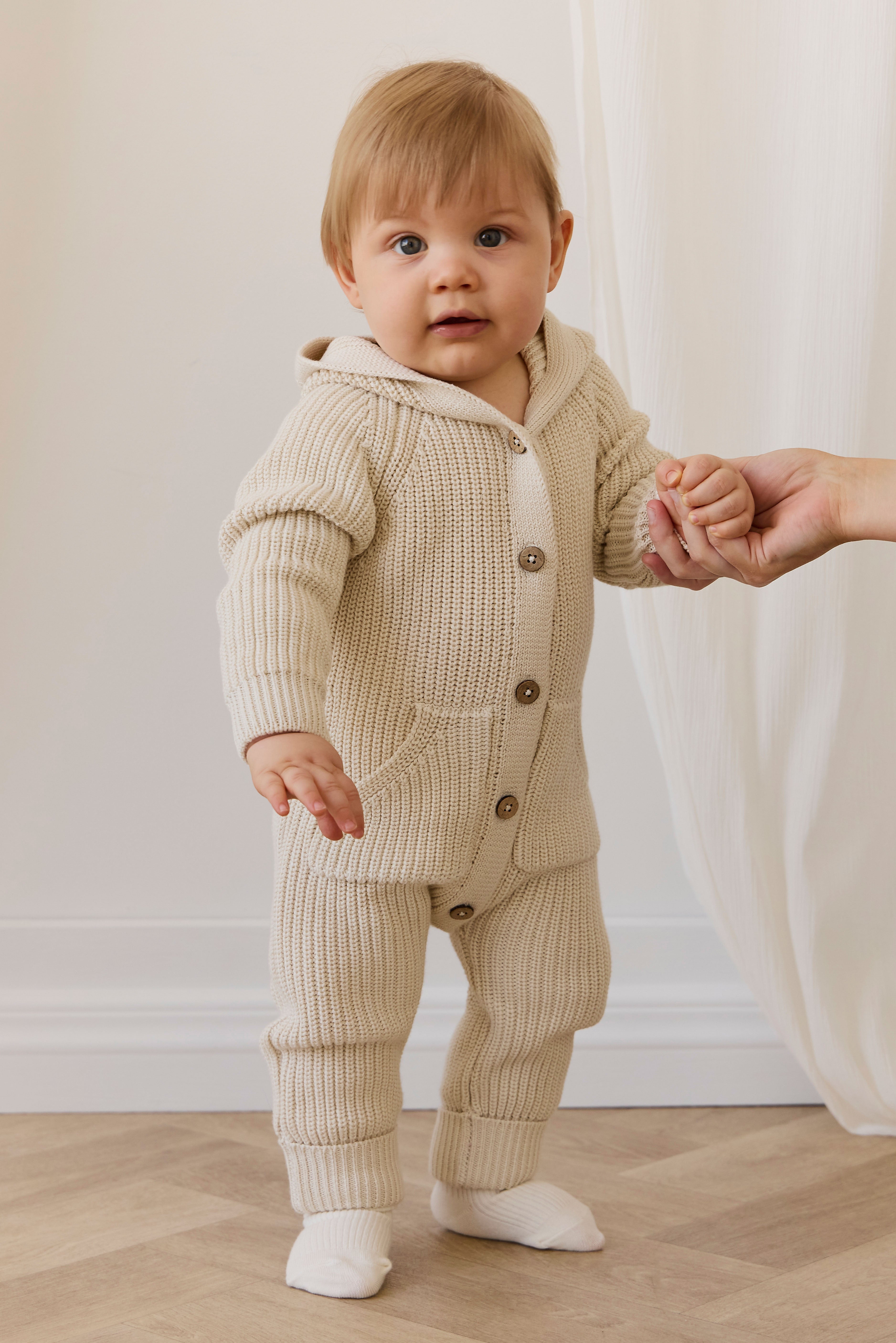 Combinaison bébé-tout-petit en coton tricoté à capuche oreilles d'ours, douce et chaude, couleur vanille et neutre