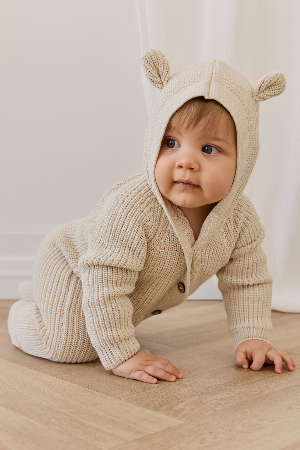 Combinaison bébé-tout-petit en coton tricoté à capuche oreilles d'ours, douce et chaude, couleur vanille et neutre