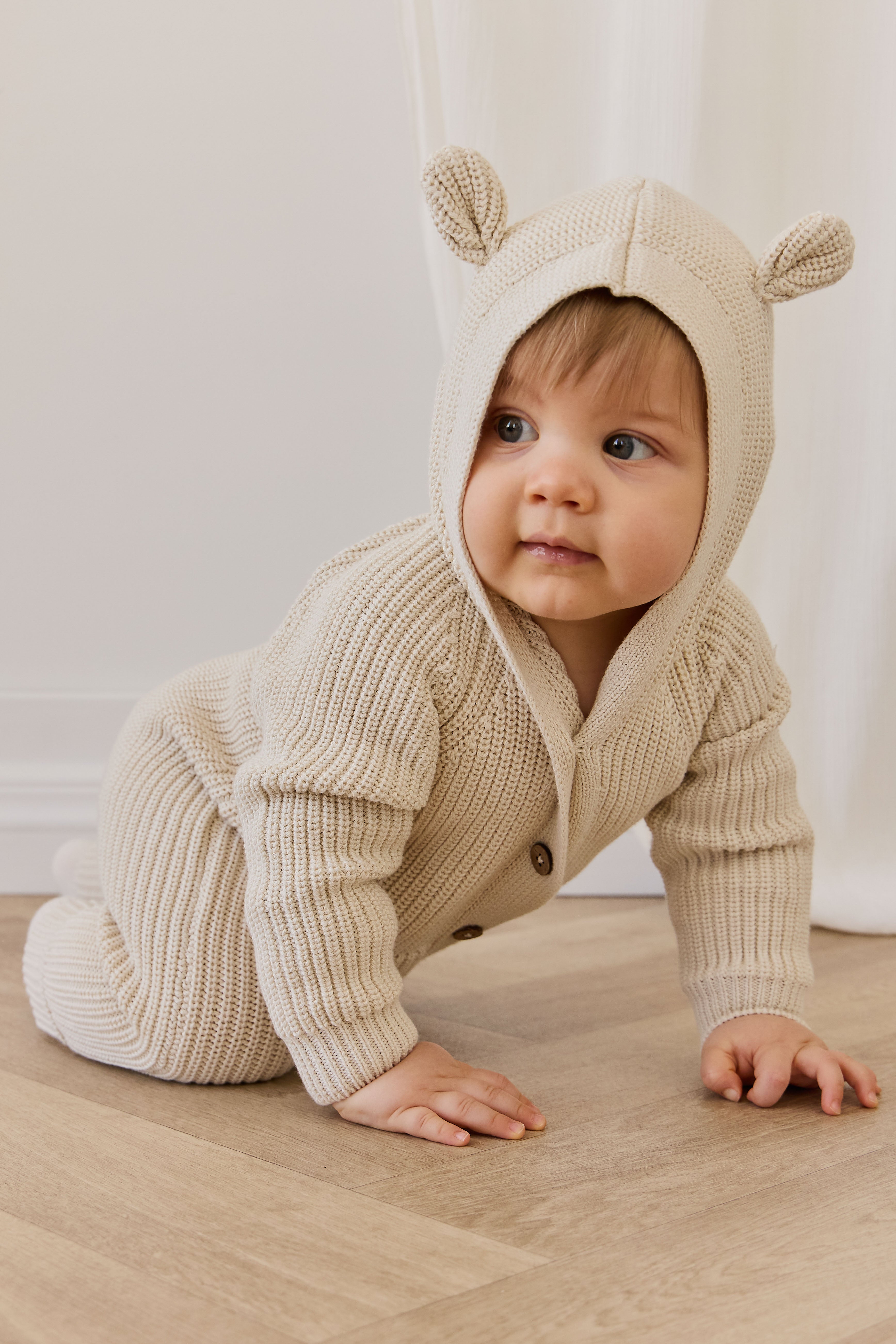 Combinaison bébé-tout-petit en coton tricoté à capuche oreilles d'ours, douce et chaude, couleur vanille et neutre