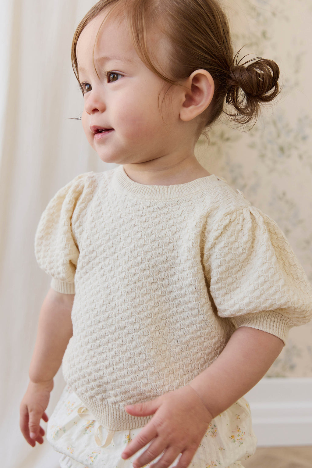 Haut en maille texturée poil de maïs à manches bouffantes pour fille