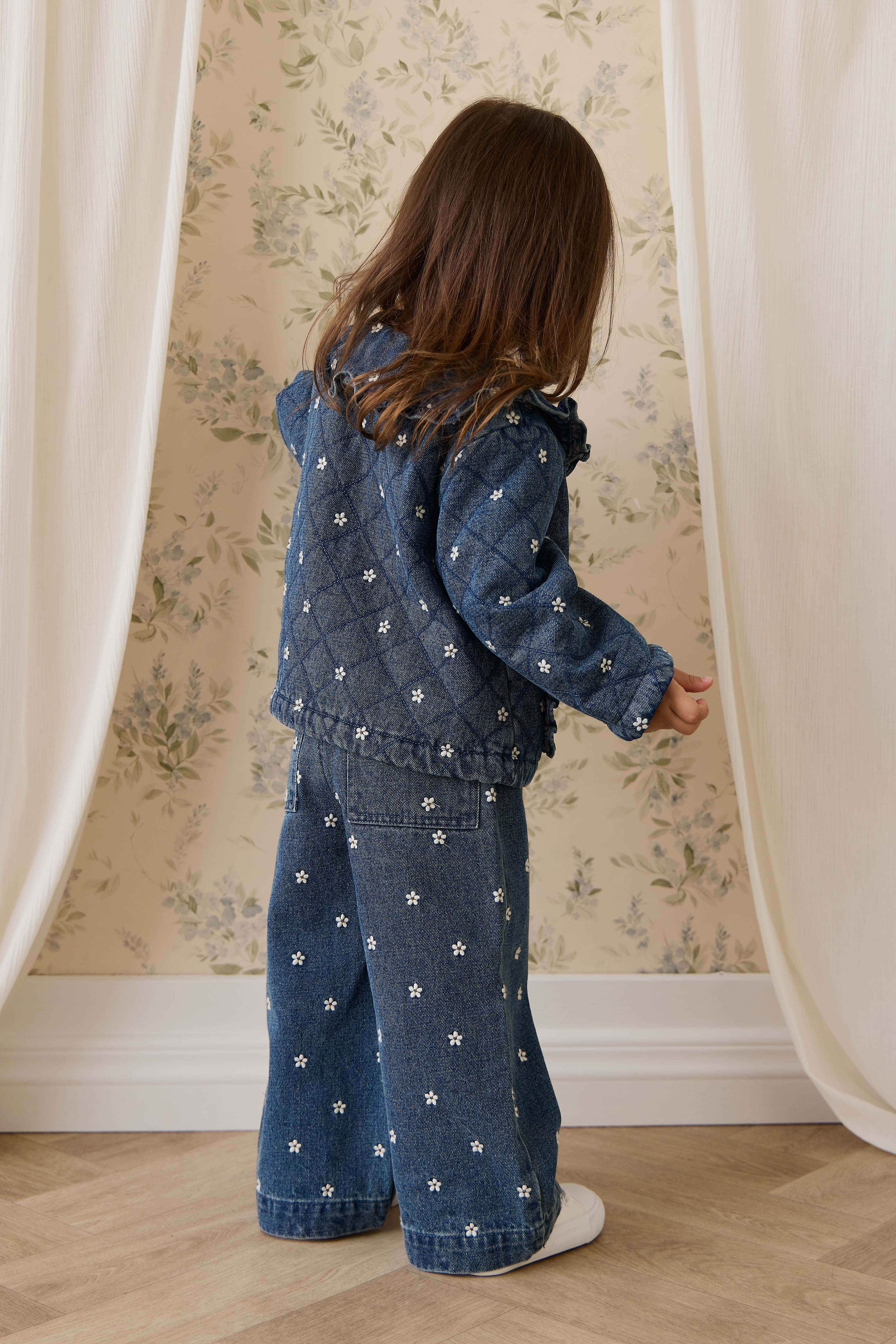 Blouson boutonné rembourré en jean orné de volants au col, imprimé floral, pour fille, bleu