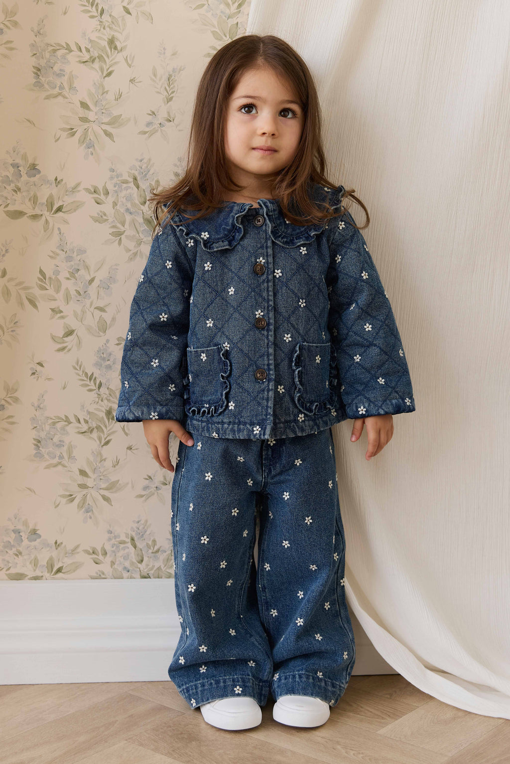 Blouson boutonné rembourré en jean orné de volants au col, imprimé floral, pour fille, bleu