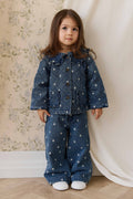 Blouson boutonné rembourré en jean orné de volants au col, imprimé floral, pour fille, bleu