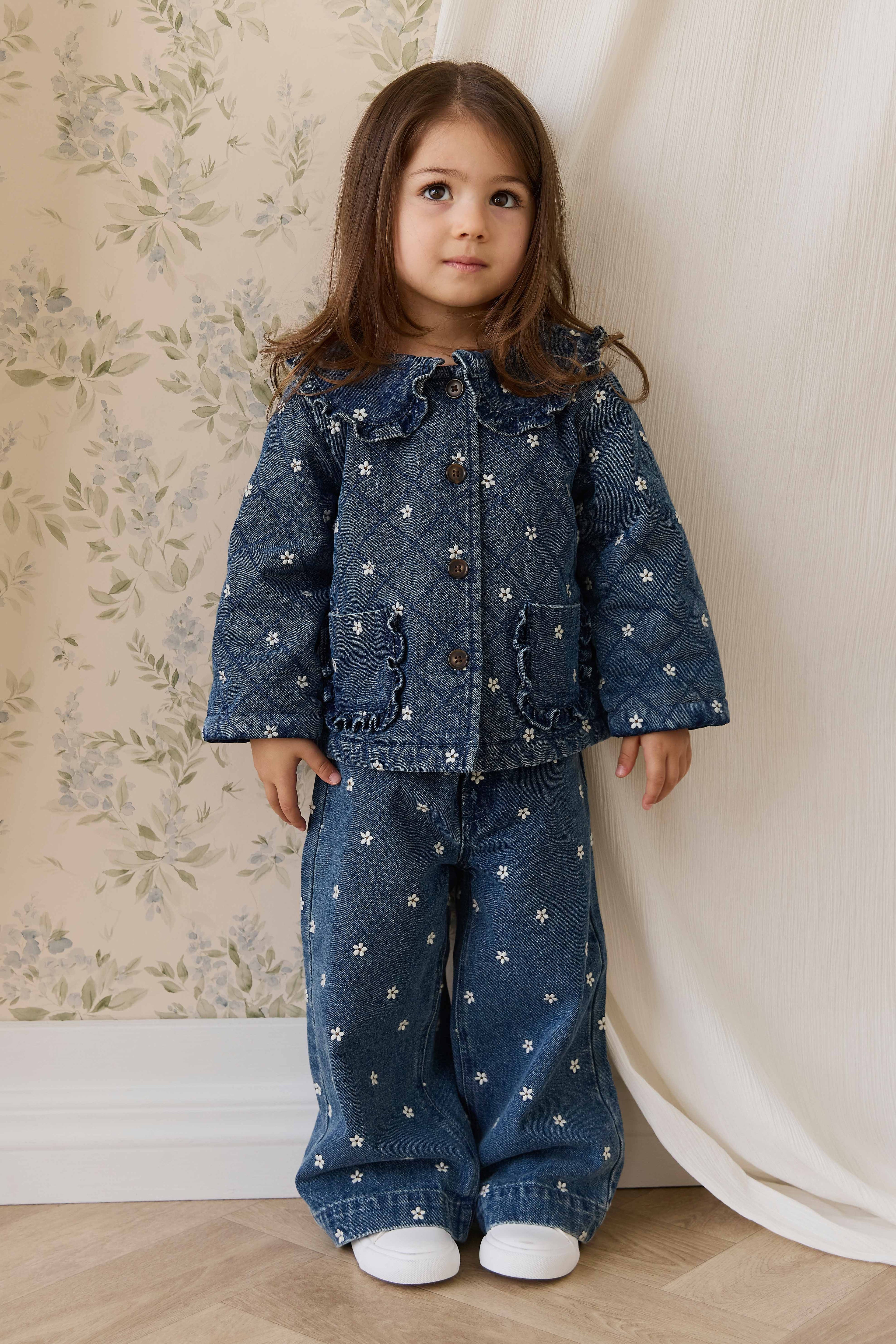 Blouson boutonné rembourré en jean orné de volants au col, imprimé floral, pour fille, bleu