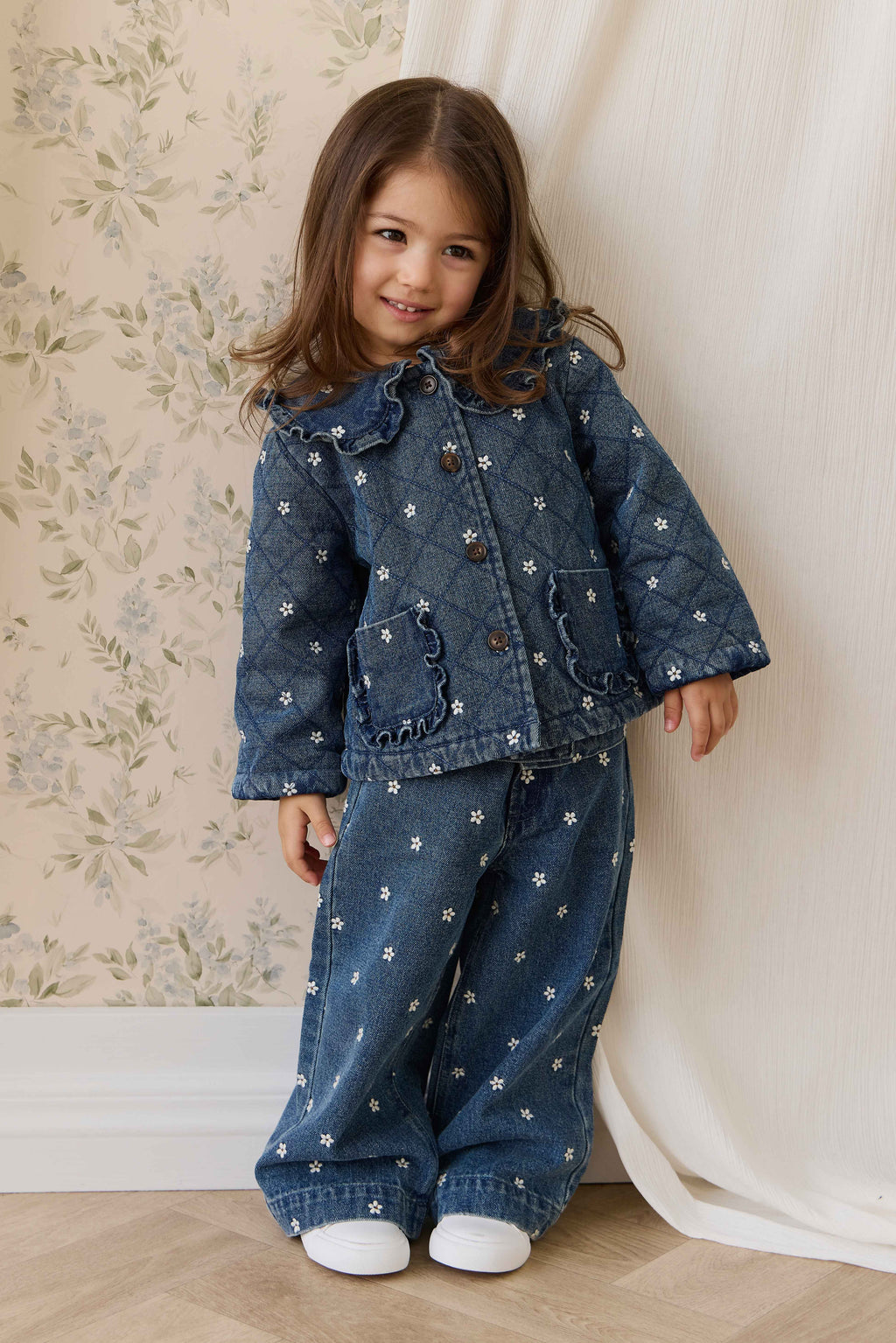 Blouson boutonné rembourré en jean orné de volants au col, imprimé floral, pour fille, bleu