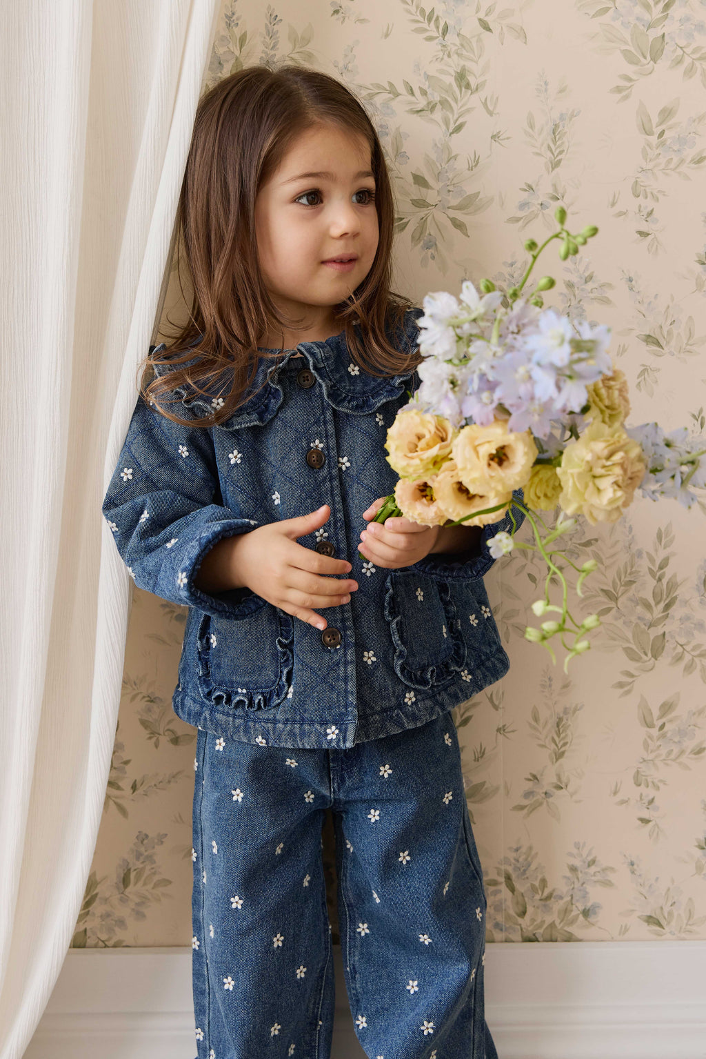 Blouson boutonné rembourré en jean orné de volants au col, imprimé floral, pour fille, bleu
