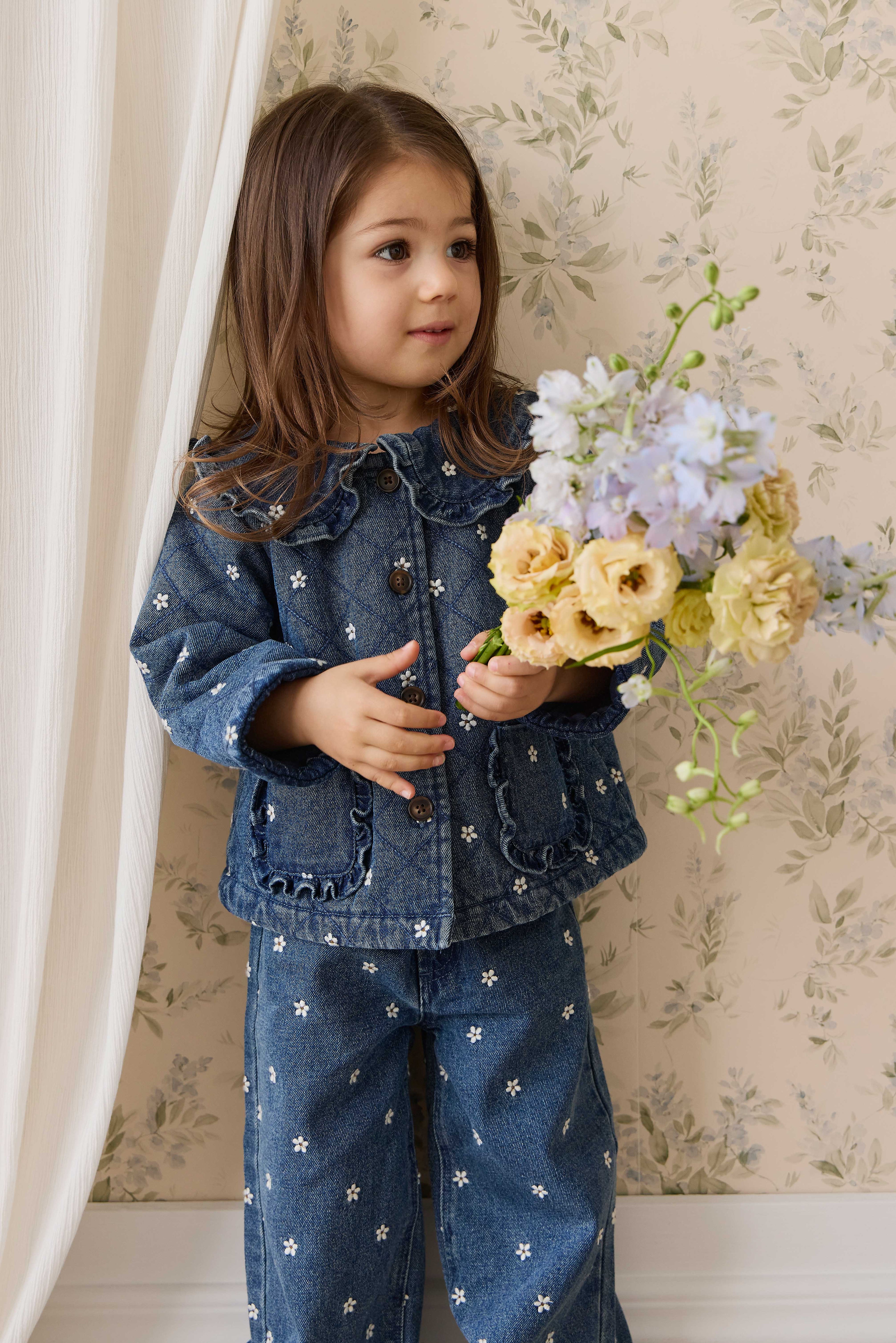Blouson boutonné rembourré en jean orné de volants au col, imprimé floral, pour fille, bleu