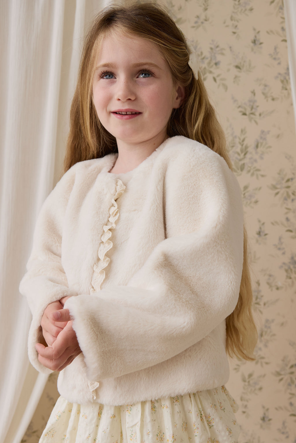Blouson zippé en polyester doux crème vanille pour fille, vêtement d'extérieur chaud