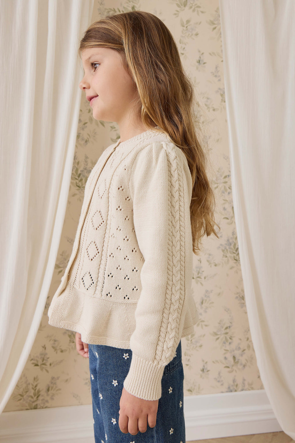 Gilet péplum en maille boutonnée en coton à manches longues pour fille Vanilla Diamond