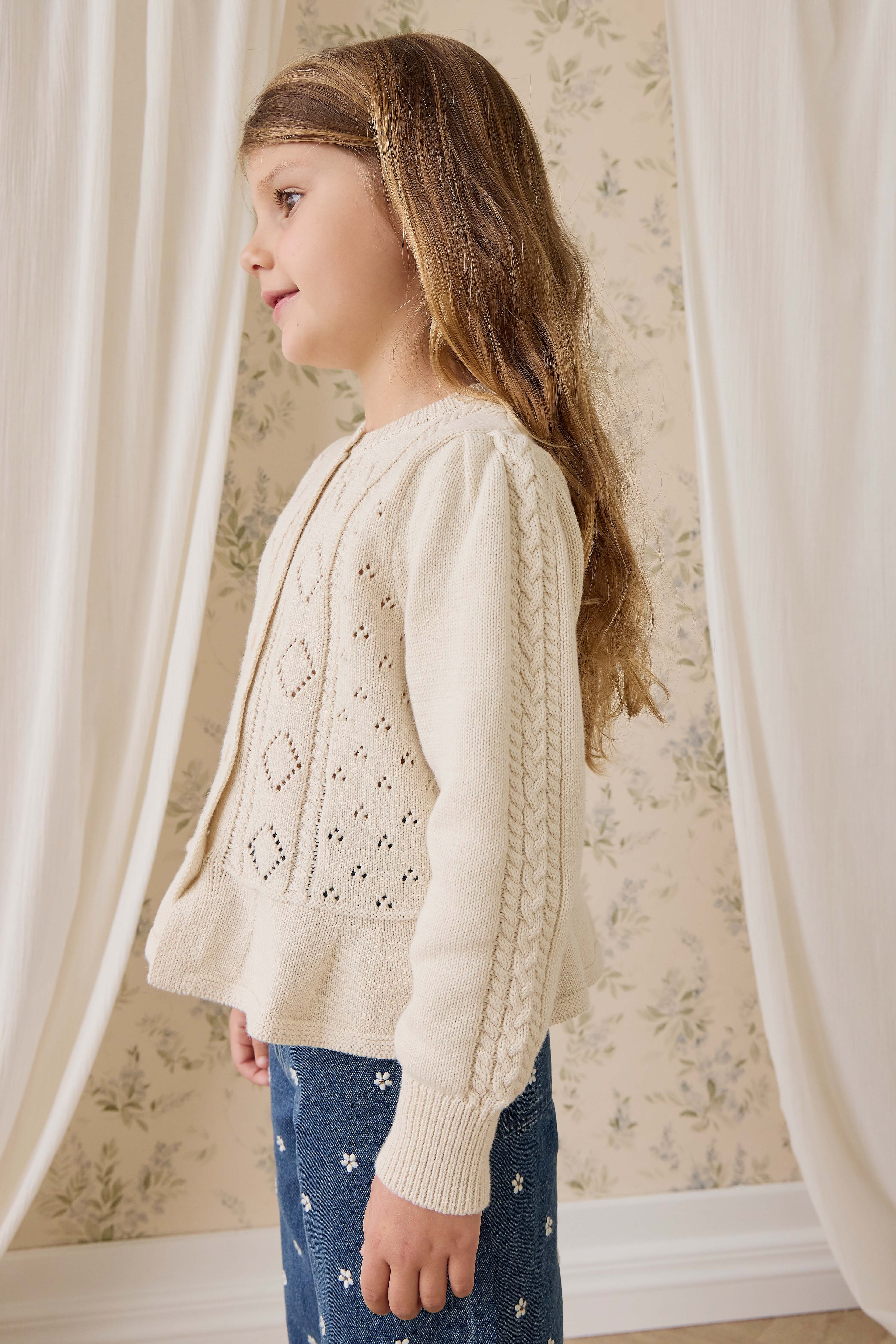 Gilet péplum en maille boutonnée en coton à manches longues pour fille Vanilla Diamond