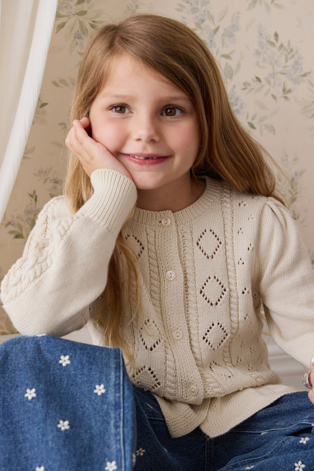 Gilet péplum en maille boutonnée en coton à manches longues pour fille Vanilla Diamond