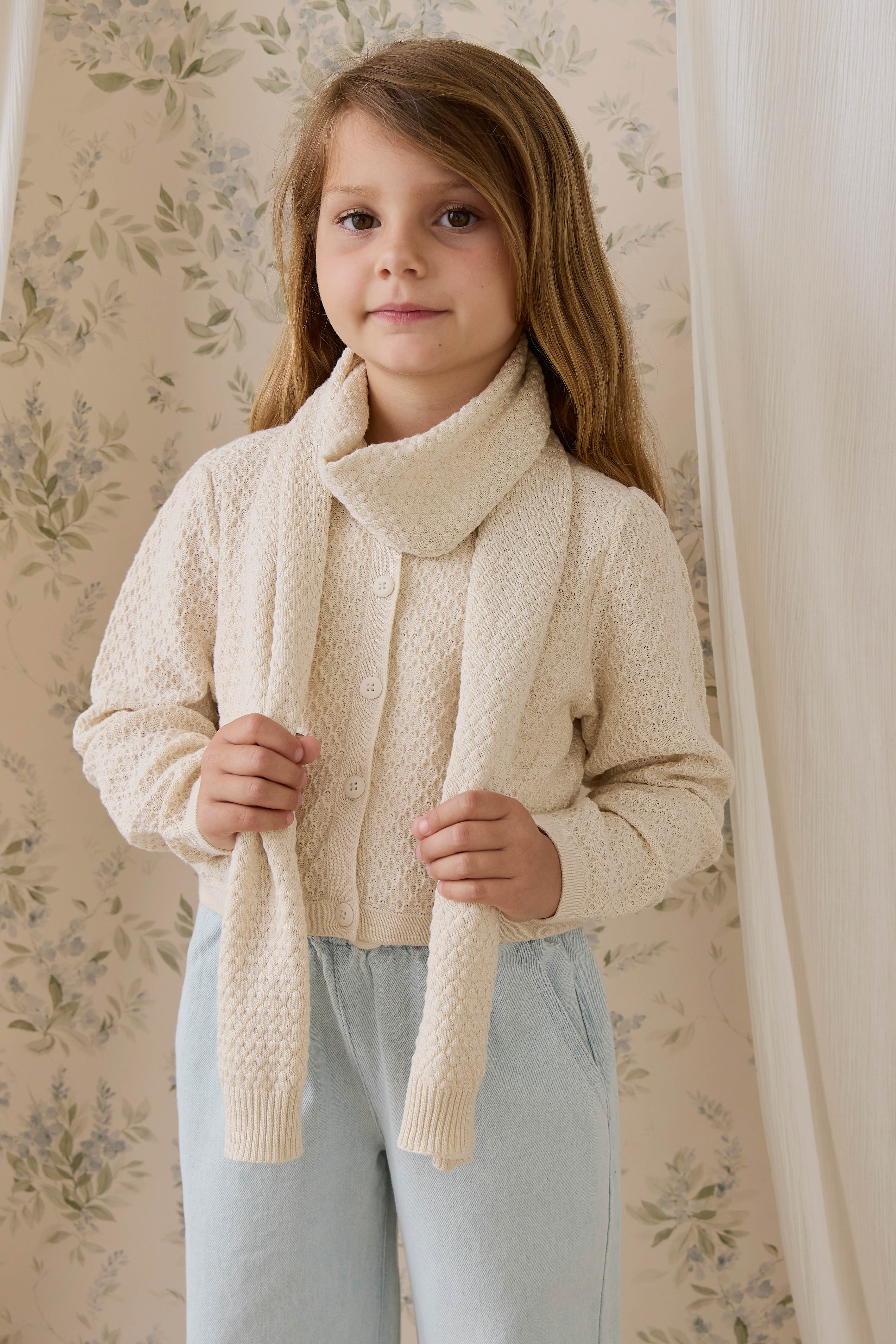 Écharpe en coton tricoté texturé crème vanille pour fille, douce et respirante
