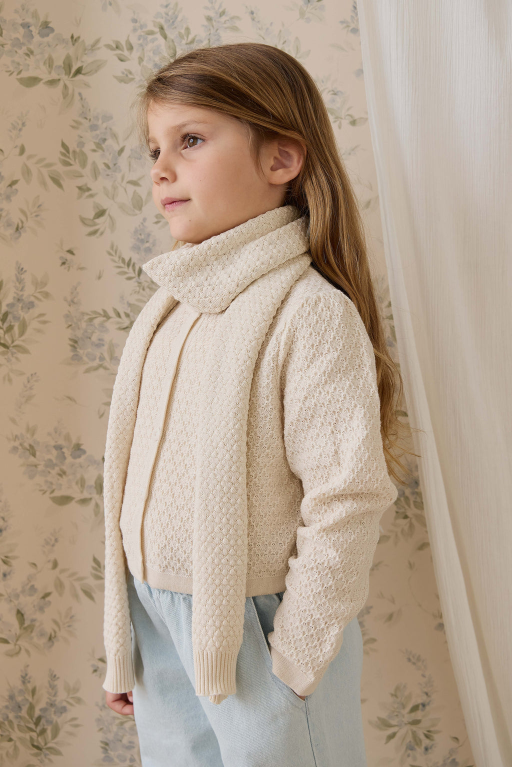 Écharpe en coton tricoté texturé crème vanille pour fille, douce et respirante