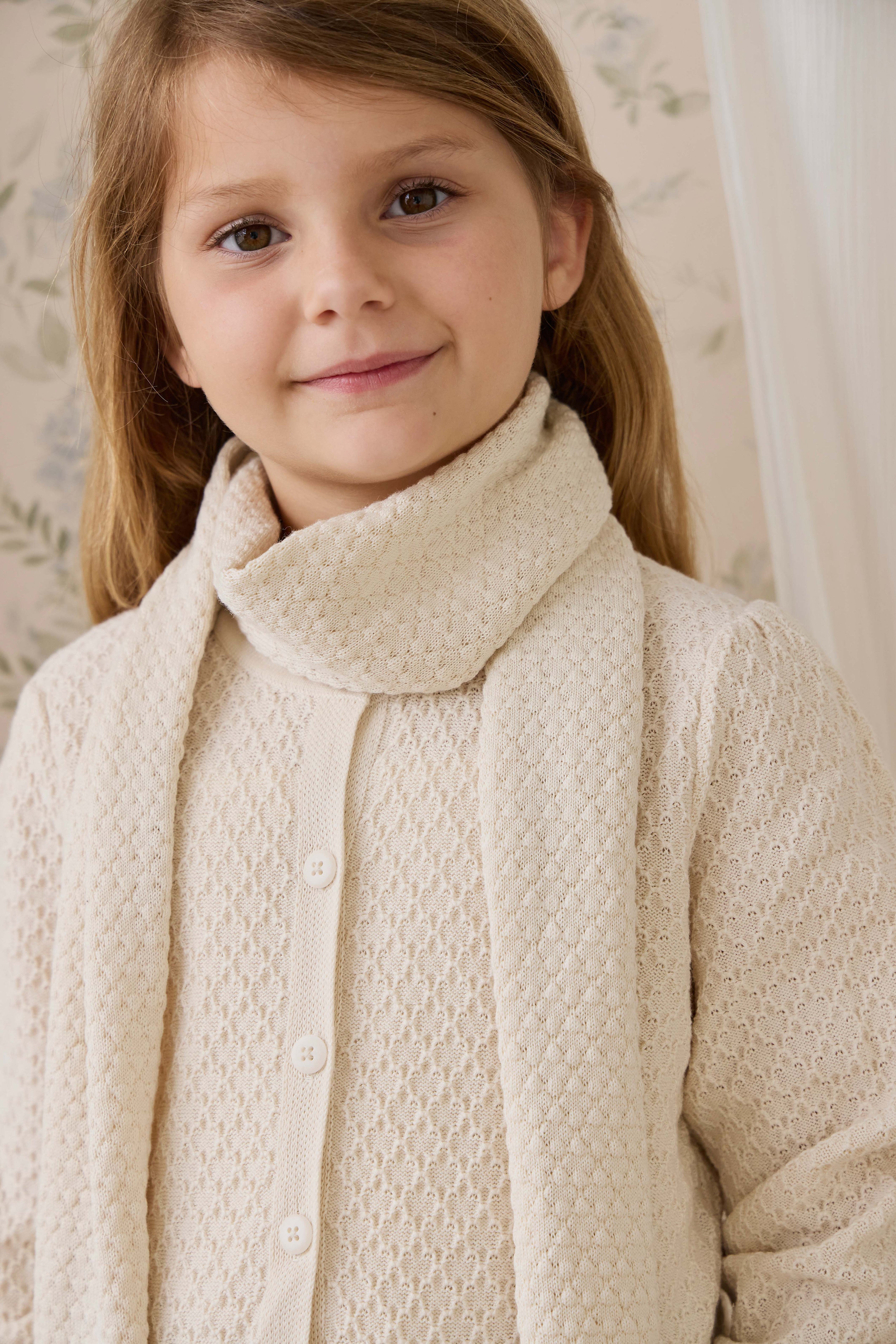 Écharpe en coton tricoté texturé crème vanille pour fille, douce et respirante