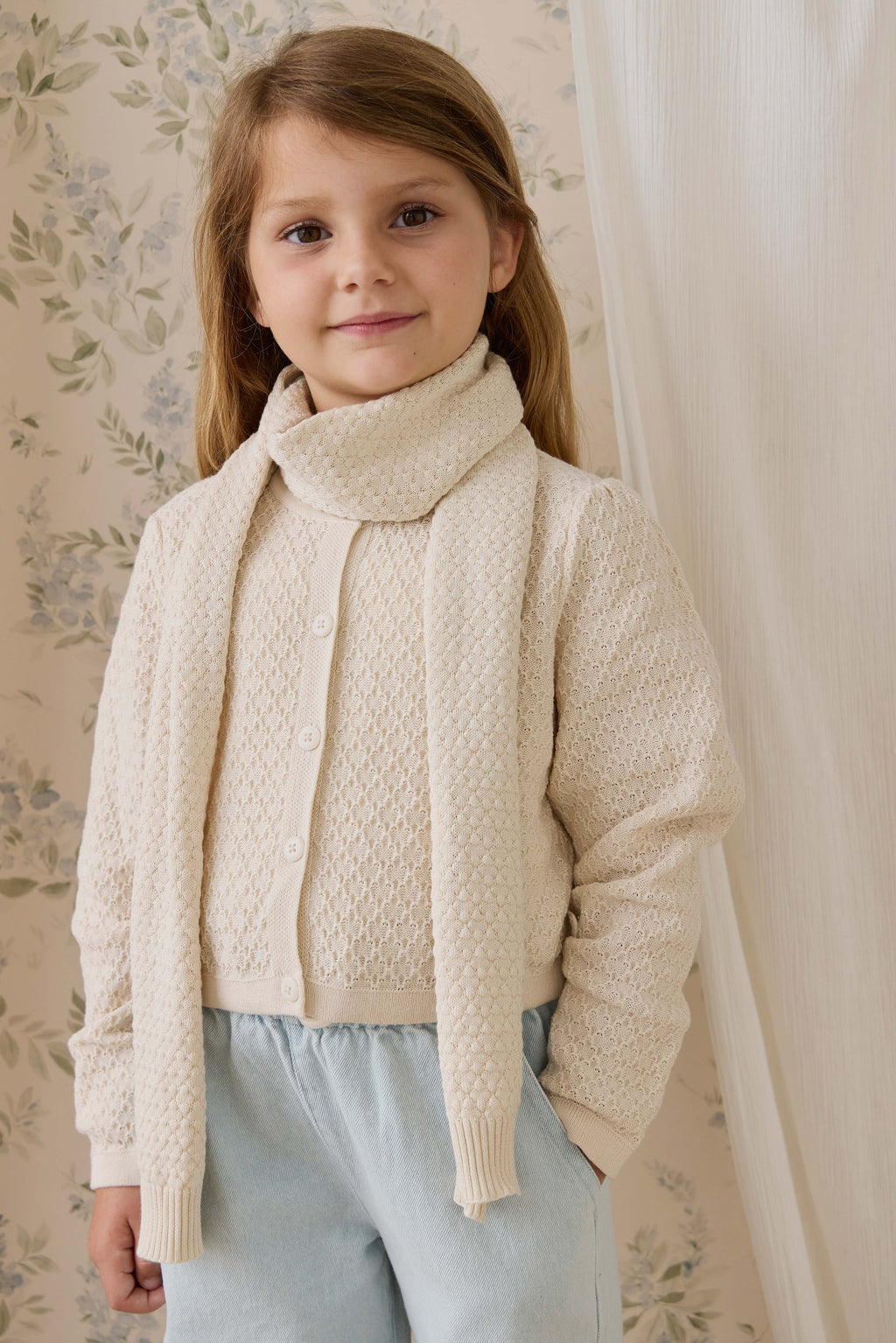 Écharpe en coton tricoté texturé crème vanille pour fille, douce et respirante