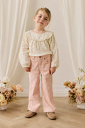 Pantalon en coton rose pour fille avec imprimé floral, coupe droite décontractée et poches