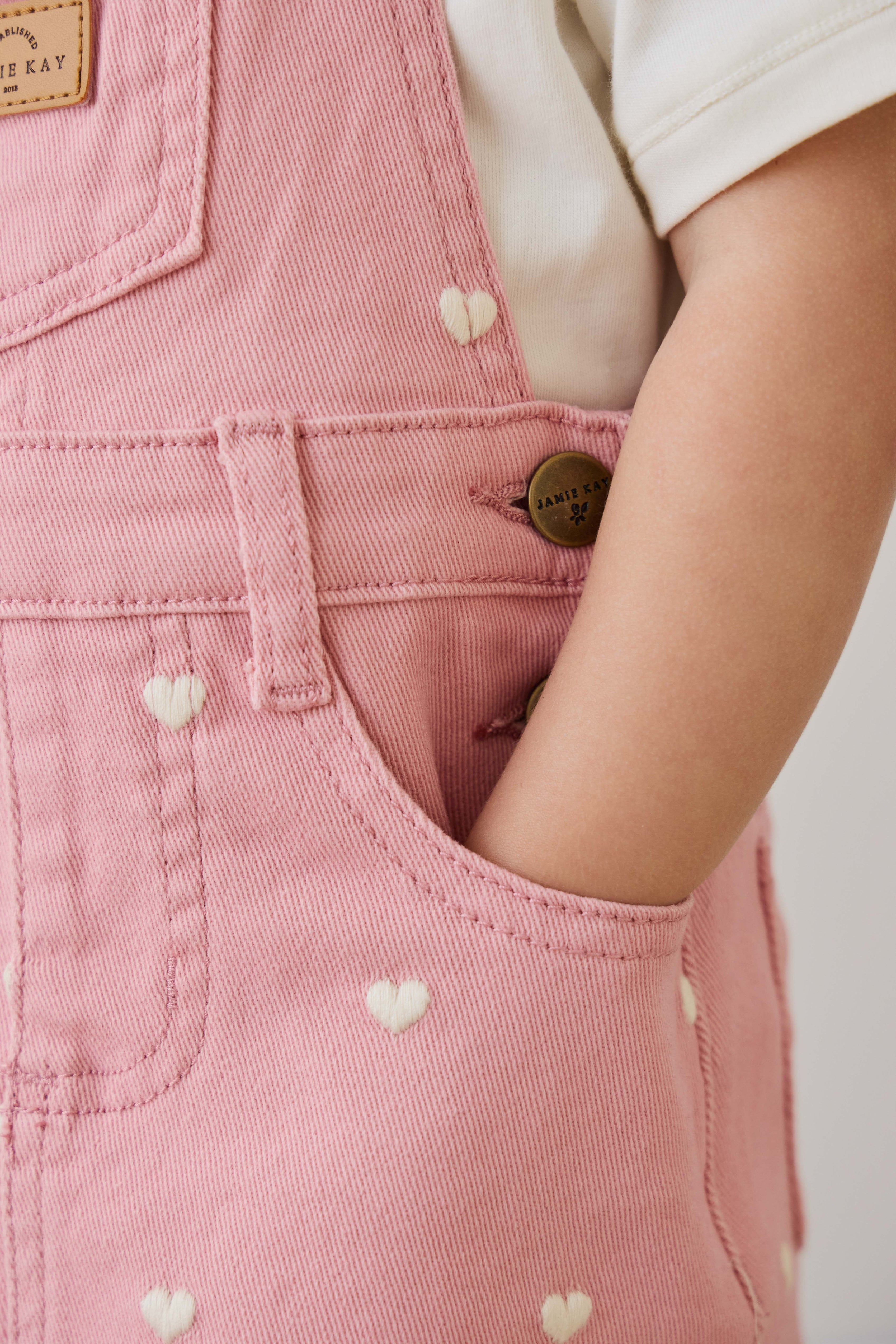 Salopette pour filles à imprimé cœur rose en velours côtelé avec bretelles réglables